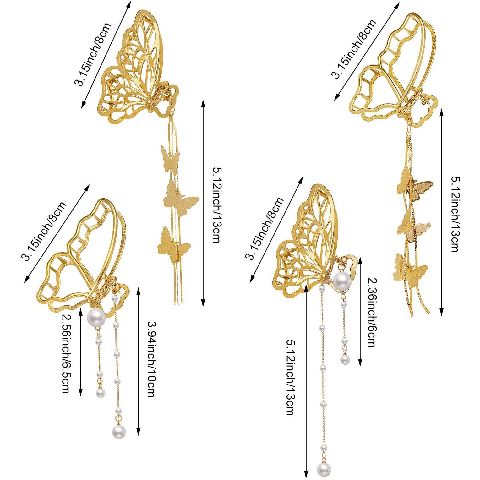 4 Pack Metal Big Gold Butterfly Hair Clips Clamp Tassel Nonslip Claw Hair Accessories For Women Girls For Thinner Thick Styling Fashion Hair Supplies