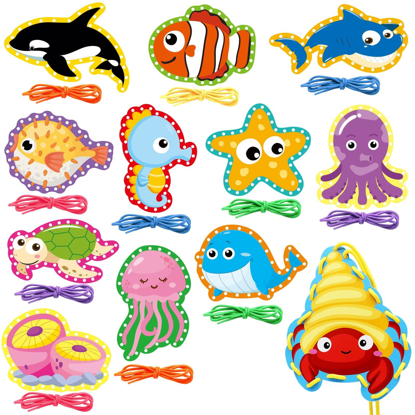 Omlisca Sea Animals Lacing Cards Sewing Cards 12 Pack Shark Whale Ocean Theme Party Decor Double Sided Cardboard Lacing Playing Games For Preschool Home Developing Imagination Education Supplies