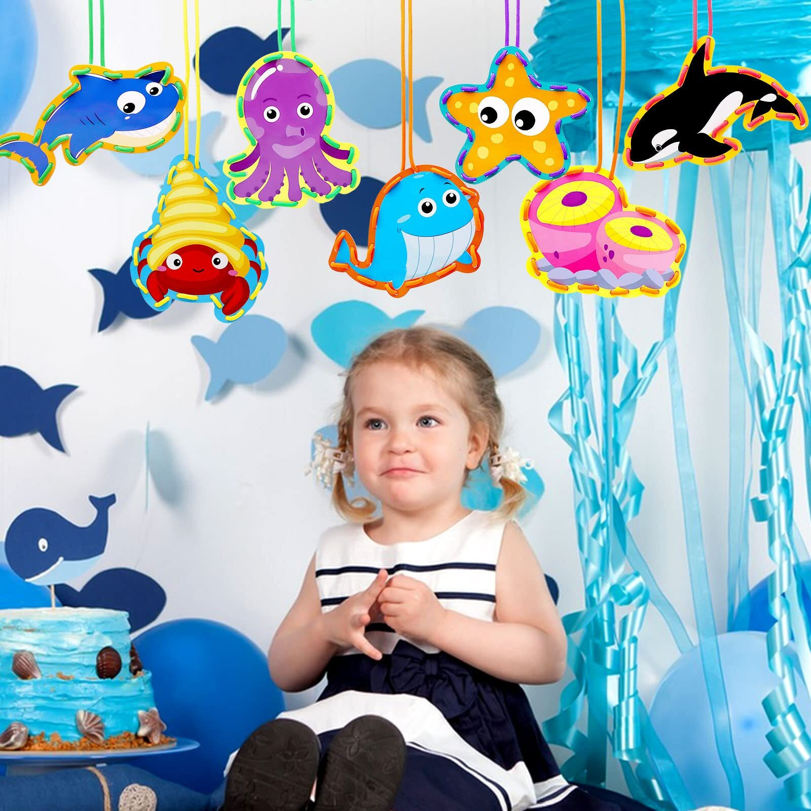 Omlisca Sea Animals Lacing Cards Sewing Cards 12 Pack Shark Whale Ocean Theme Party Decor Double Sided Cardboard Lacing Playing Games For Preschool Home Developing Imagination Education Supplies