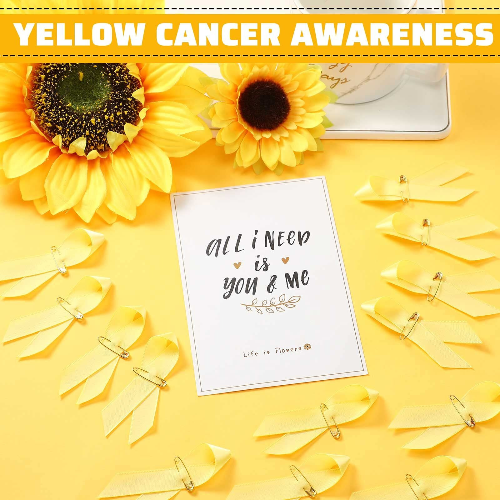 100 Pieces Awareness Ribbon Satin Ribbon Lapel Pins Fabric Ribbons With Safety Pins For Women Men(Yellow)
