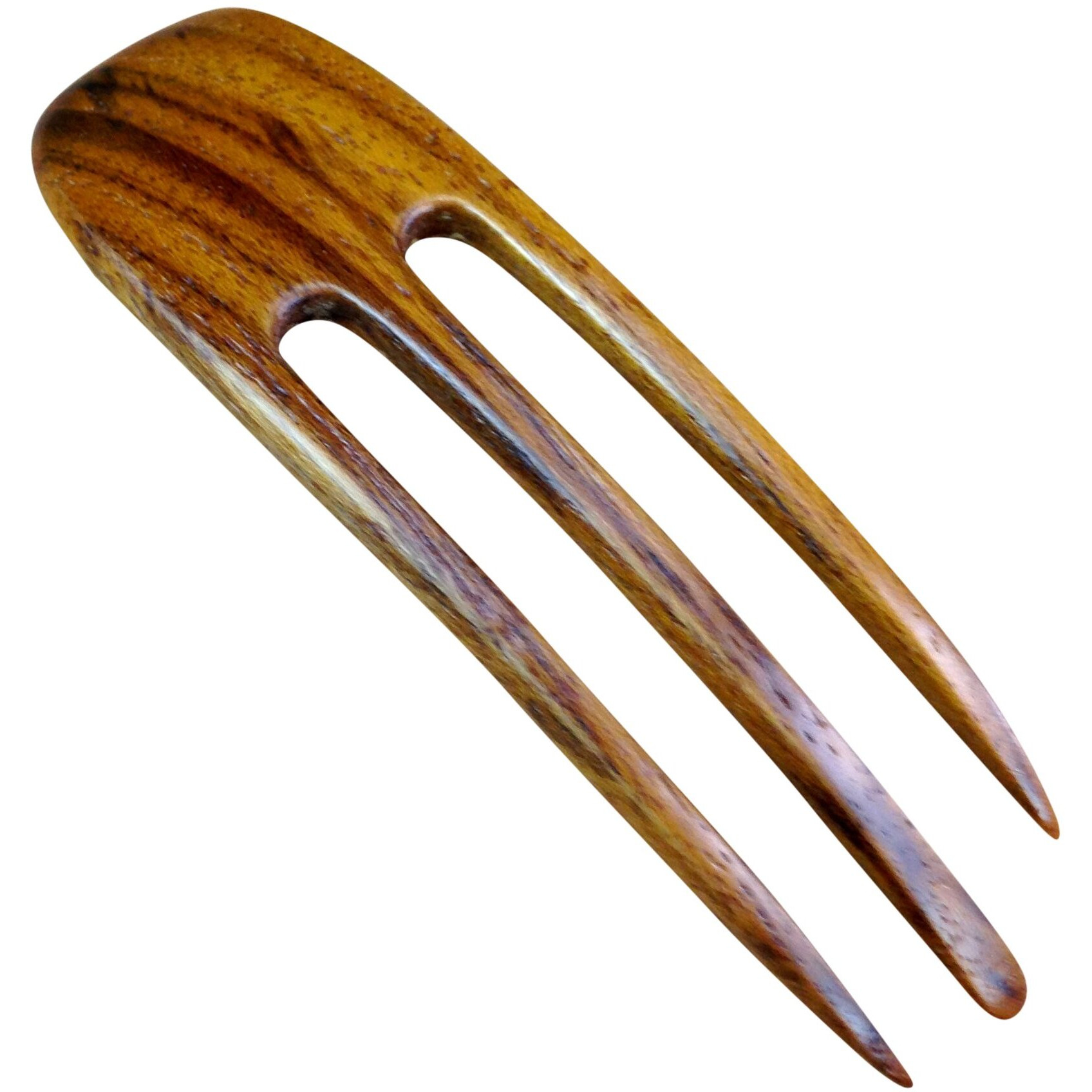 (1) Teak Wood Three Prong Curved 4.5 Inch Hair Stick Pick Pic Pin Fork
