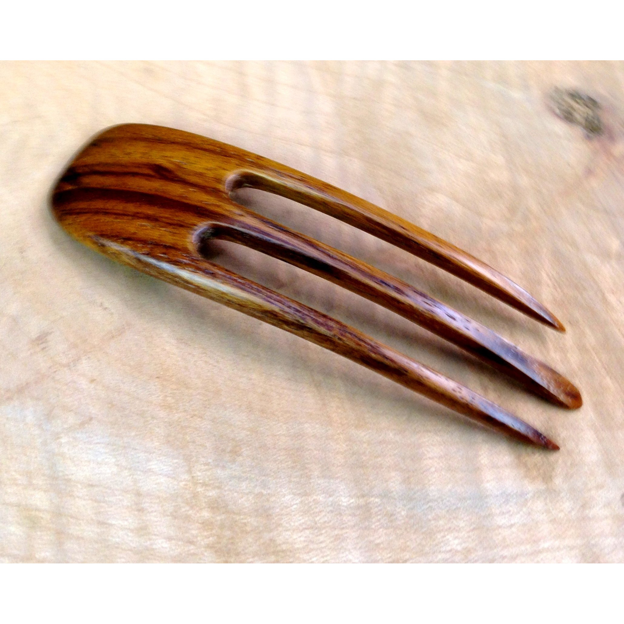 (1) Teak Wood Three Prong Curved 4.5 Inch Hair Stick Pick Pic Pin Fork