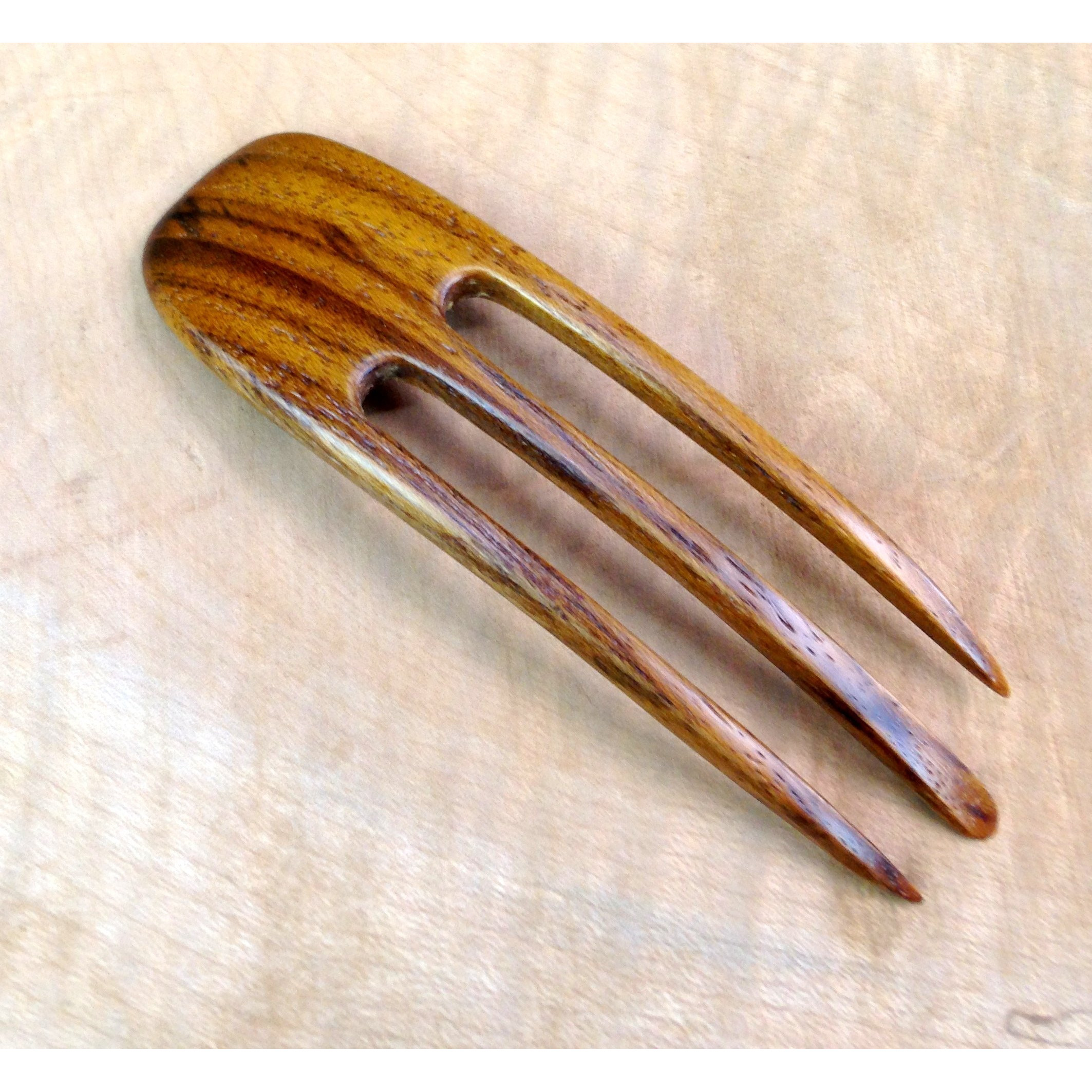 (1) Teak Wood Three Prong Curved 4.5 Inch Hair Stick Pick Pic Pin Fork
