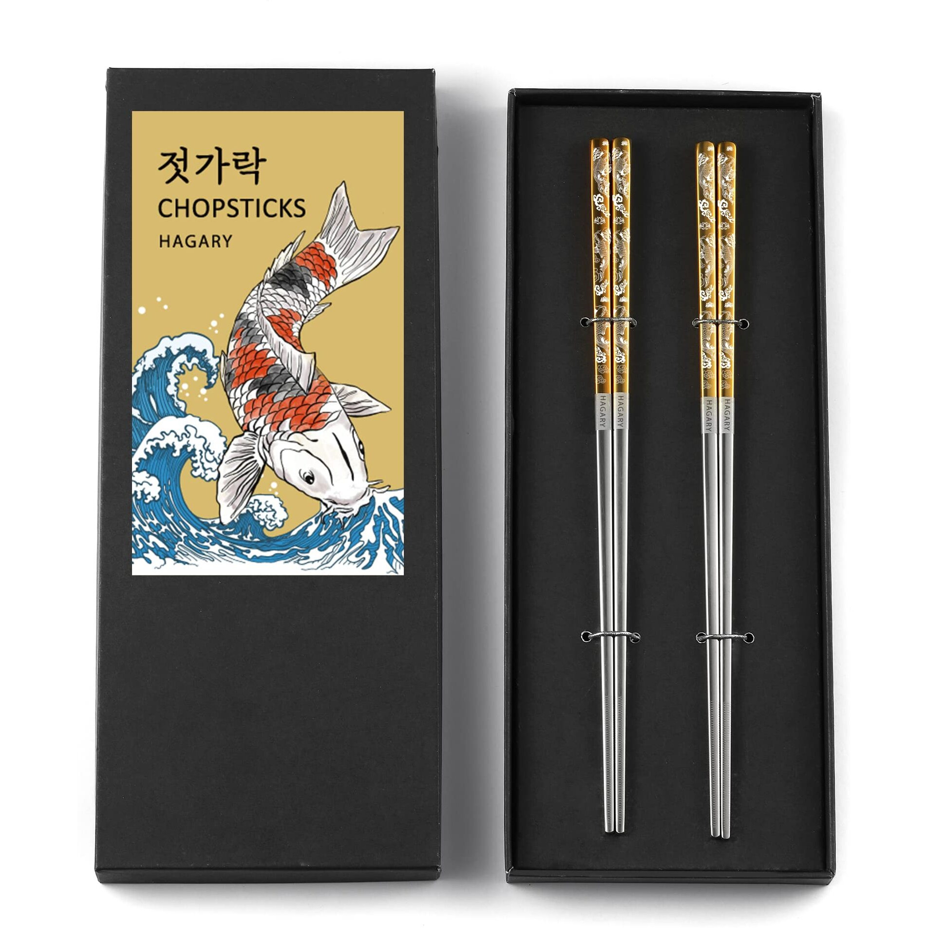 Carp Gold Reusable Chopsticks Square Metal Stainless Steel 316 18/10 Non-Slip Dishwasher Safe Designed In Korea Japanese Style (Gold - 2 Pairs)
