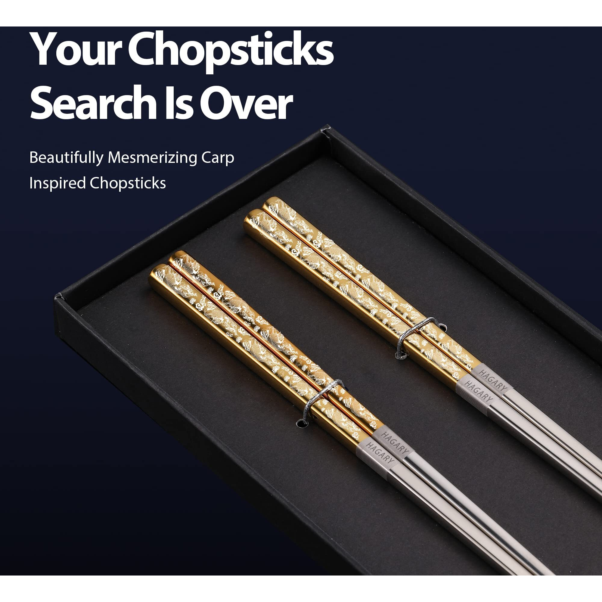 Carp Gold Reusable Chopsticks Square Metal Stainless Steel 316 18/10 Non-Slip Dishwasher Safe Designed In Korea Japanese Style (Gold - 2 Pairs)