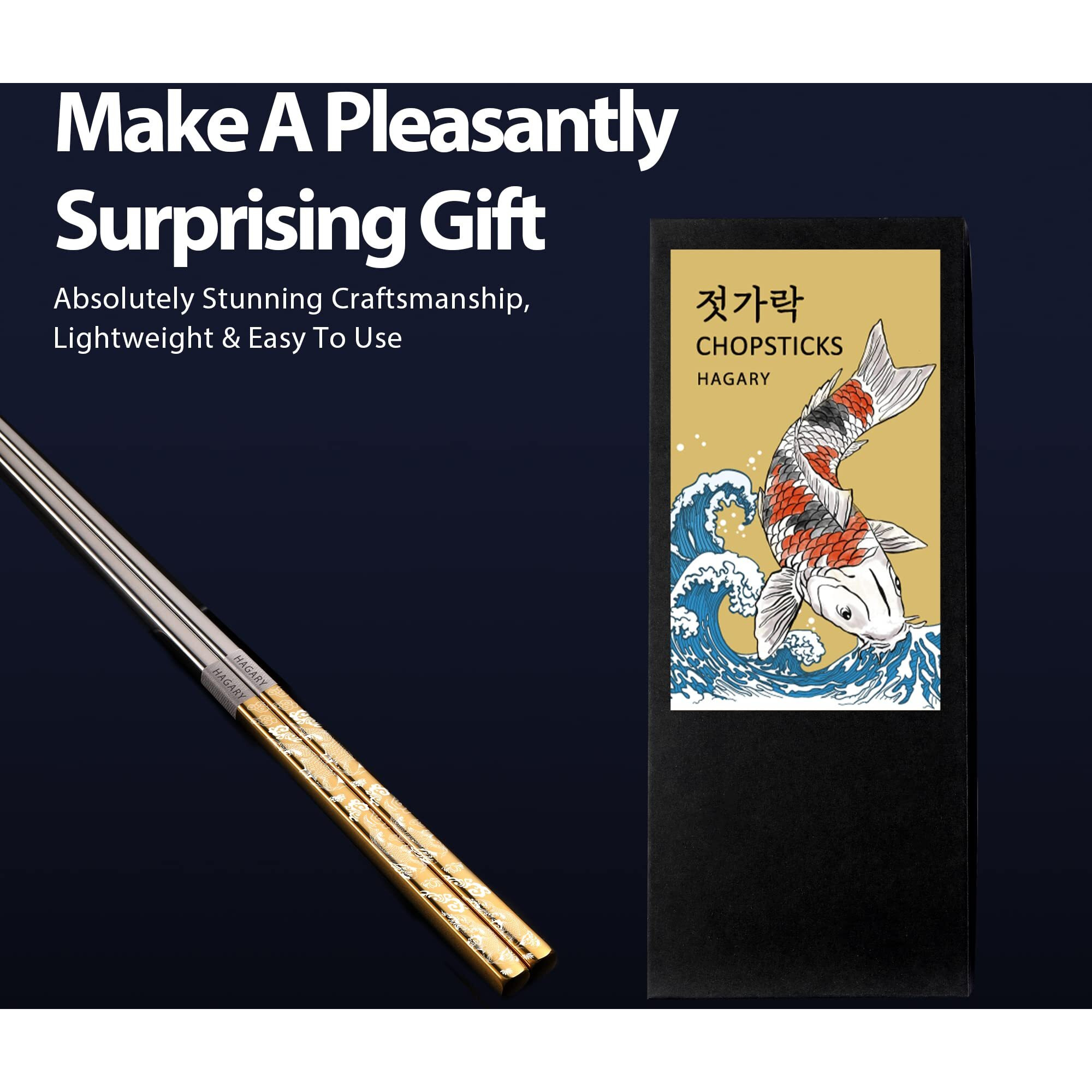 Carp Gold Reusable Chopsticks Square Metal Stainless Steel 316 18/10 Non-Slip Dishwasher Safe Designed In Korea Japanese Style (Gold - 2 Pairs)