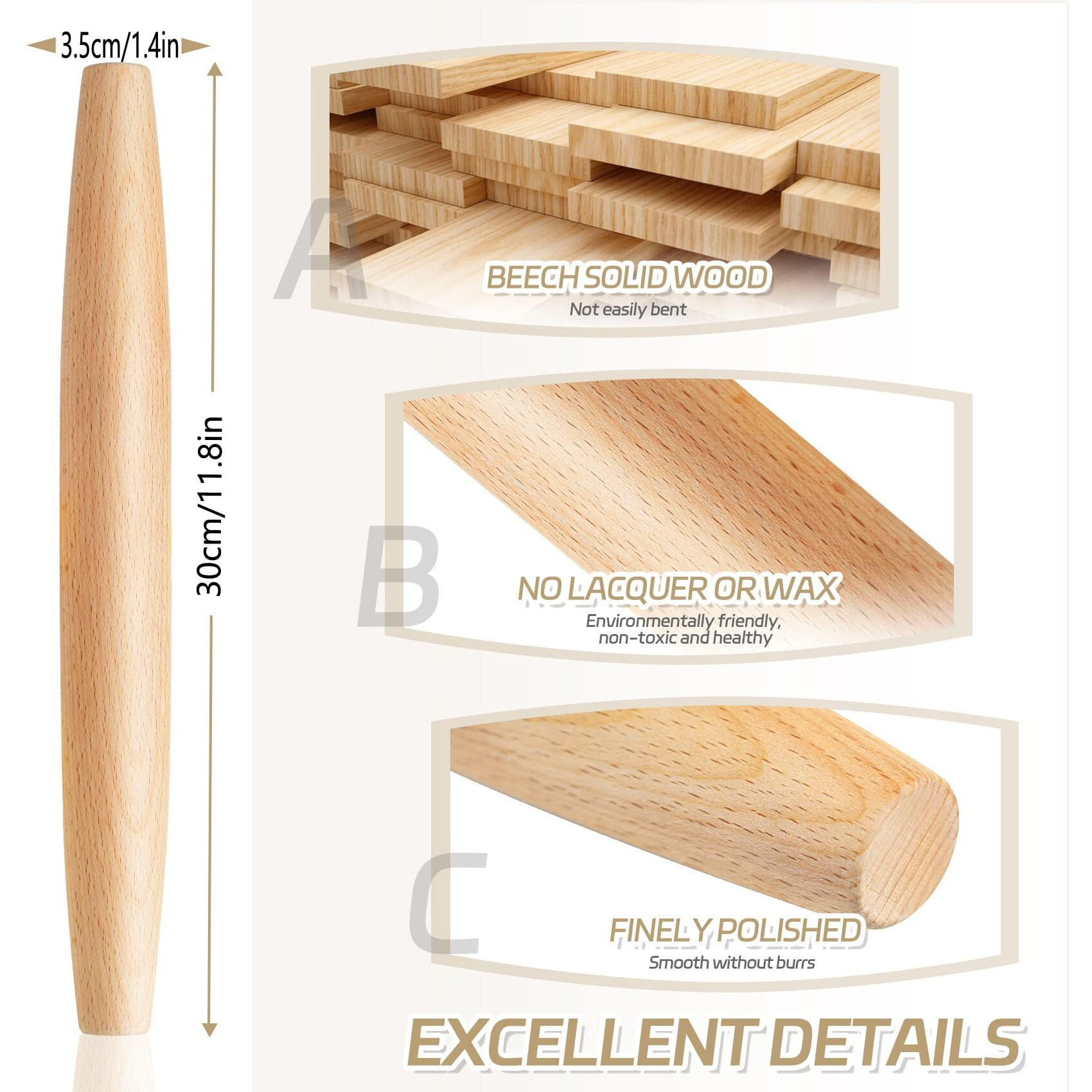 French Rolling Pin For Baking - Tuyotue 11.8 Inches Beech Wood Tapered Rolling Pin Dough Roller For Pizza Dough  Pie Crust Cookie Fondant Dumpling