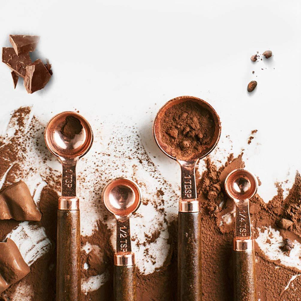 Goeielewe Set Of 4 Stainless Steel Measuring Spoons  Copper Plated Nesting Measuring Spoon Set With Walnut Wood Handle For Dry And Liquid Ingredients (Spoons Set 1/4 1/2 1 Tsp & 1Tbsp)