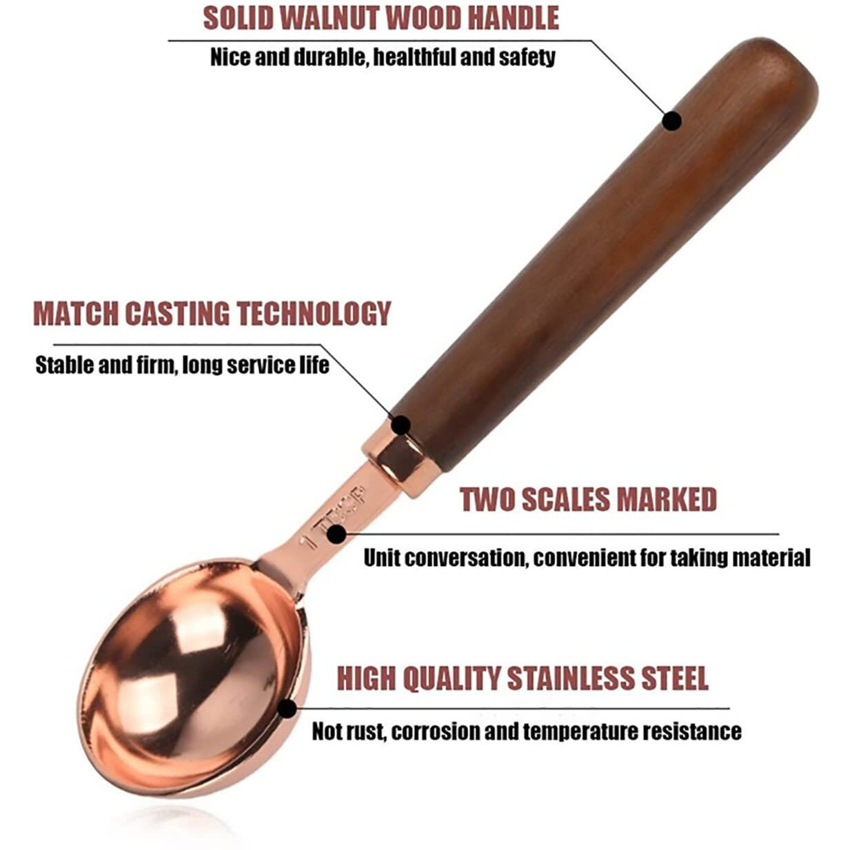 Goeielewe Set Of 4 Stainless Steel Measuring Spoons  Copper Plated Nesting Measuring Spoon Set With Walnut Wood Handle For Dry And Liquid Ingredients (Spoons Set 1/4 1/2 1 Tsp & 1Tbsp)