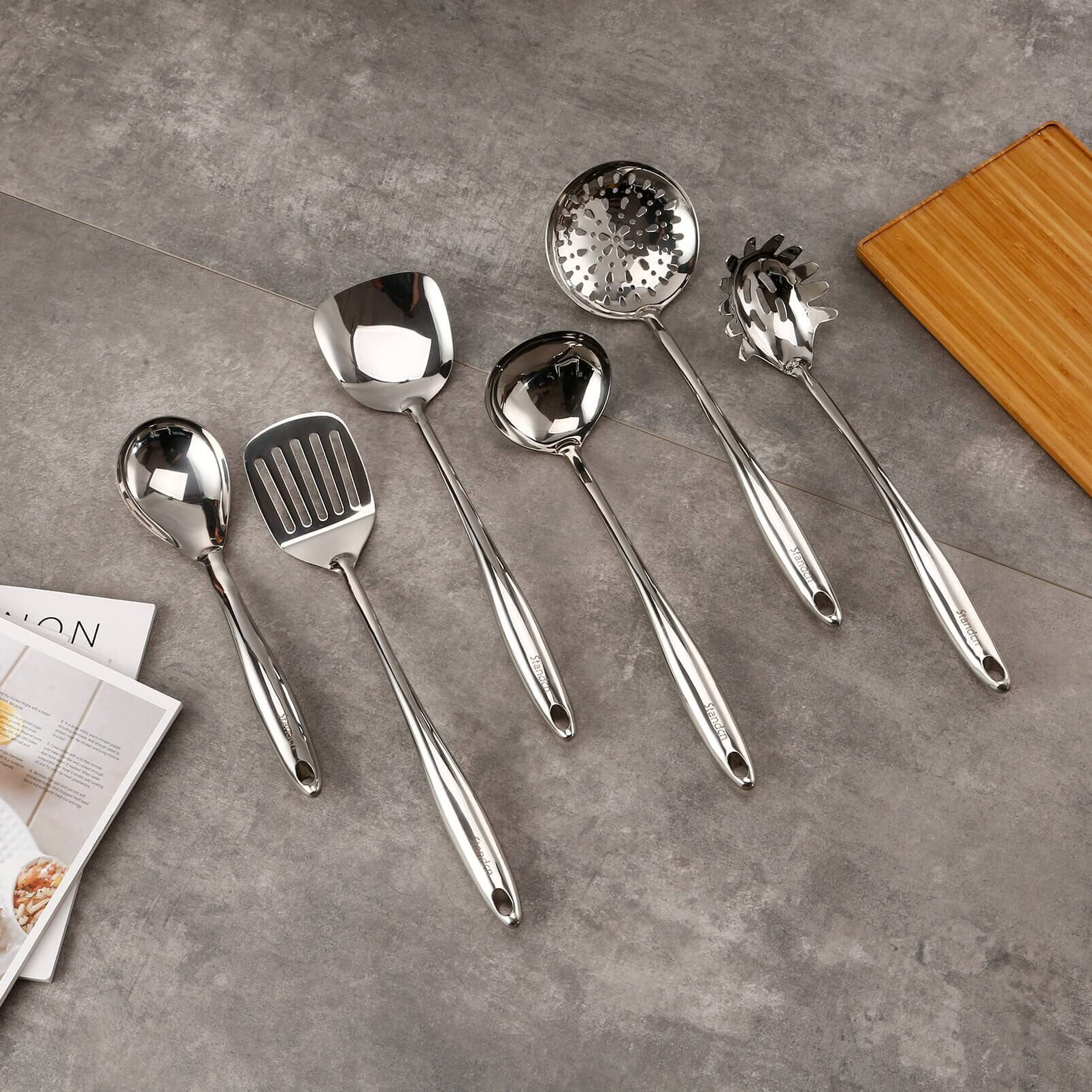 304 Stainless Steel Kitchen Utensil Set - 9 Pcs Serving Utensils  Cooking Utensil  Solid Spoon  Slotted Spoon  Fork  Spatula  Ladle  Skimmer Spoon  Slotted Spatula Tunner  Spaghetti Spoon  Large Spoon