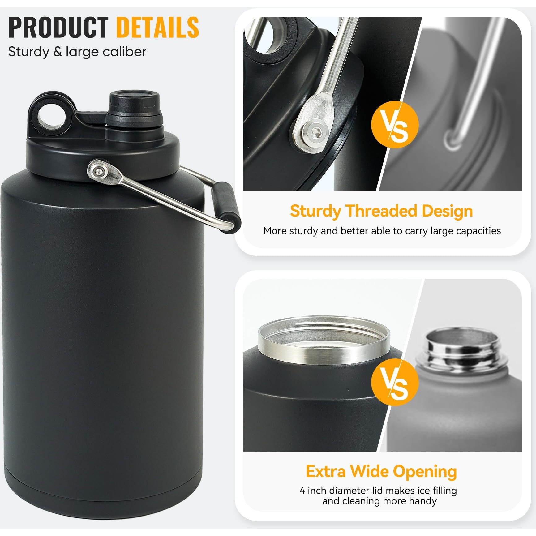 Kerilyn Insulated Jug With Handle  One Gallon  128Oz Stainless Steel  Large Double Vacuum Water Bottle For Hot & Cold Drinks  Wide Mouth  Sweat Proof  Great For Travel  Hiking & Camping  Black