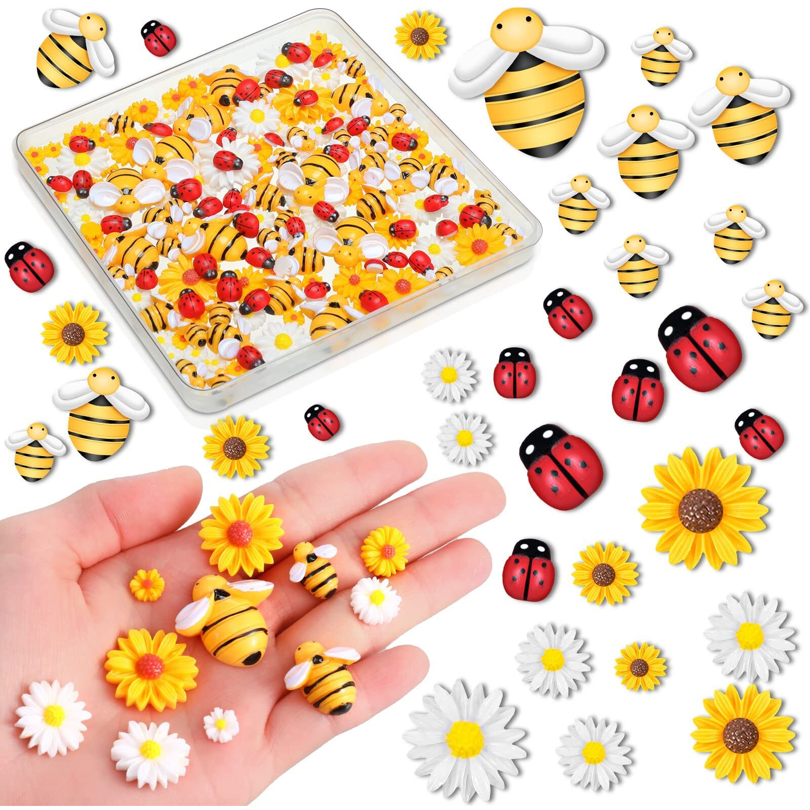 200 Pieces Mini Resin Sunflower And Bees Flatback Epoxy Beads Charms Wooden Ladybugs Embellishments Assorted Sizes Tiny Resin Daisy Flower And Resin Bees Decor For Diy Craft (Classic Color)