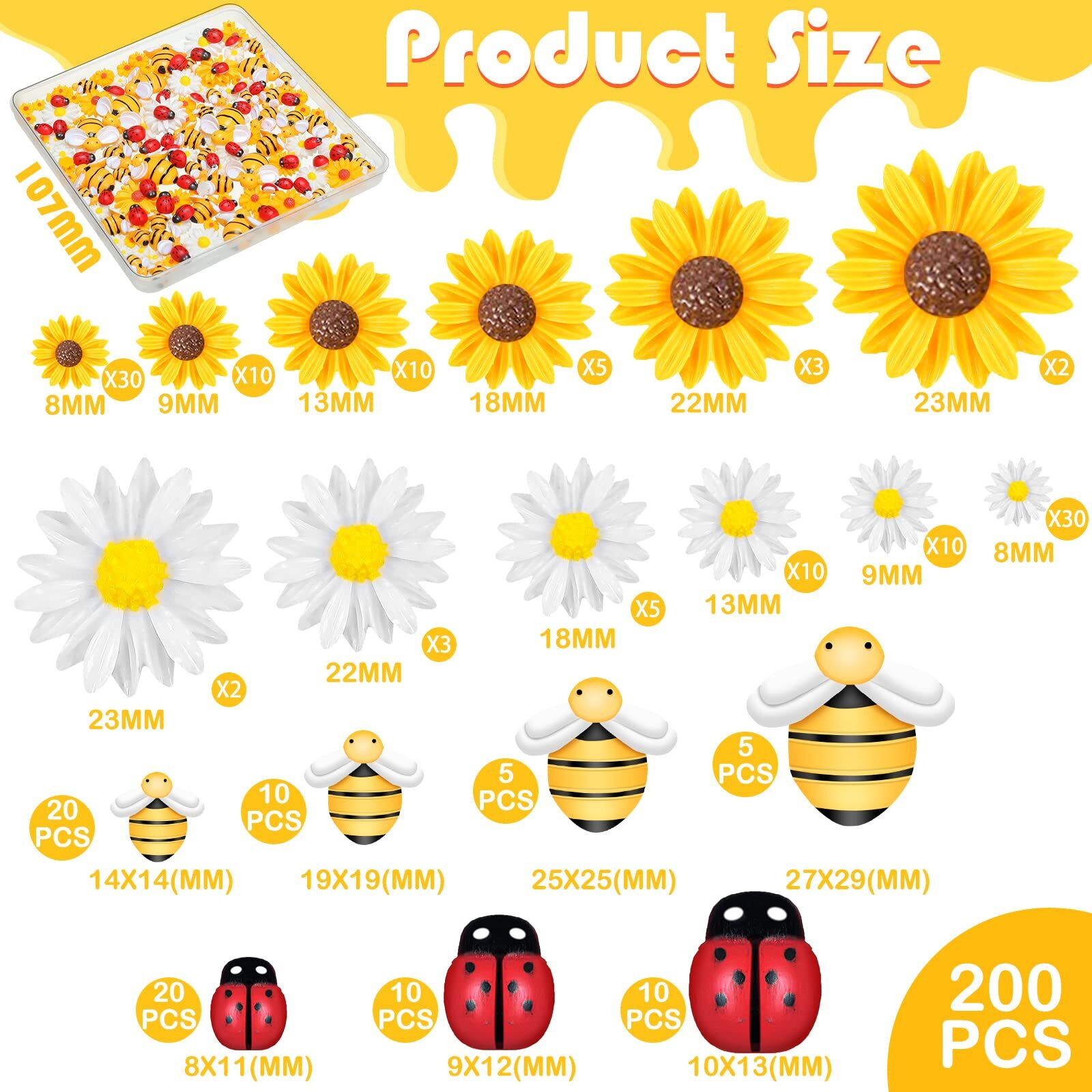 200 Pieces Mini Resin Sunflower And Bees Flatback Epoxy Beads Charms Wooden Ladybugs Embellishments Assorted Sizes Tiny Resin Daisy Flower And Resin Bees Decor For Diy Craft (Classic Color)