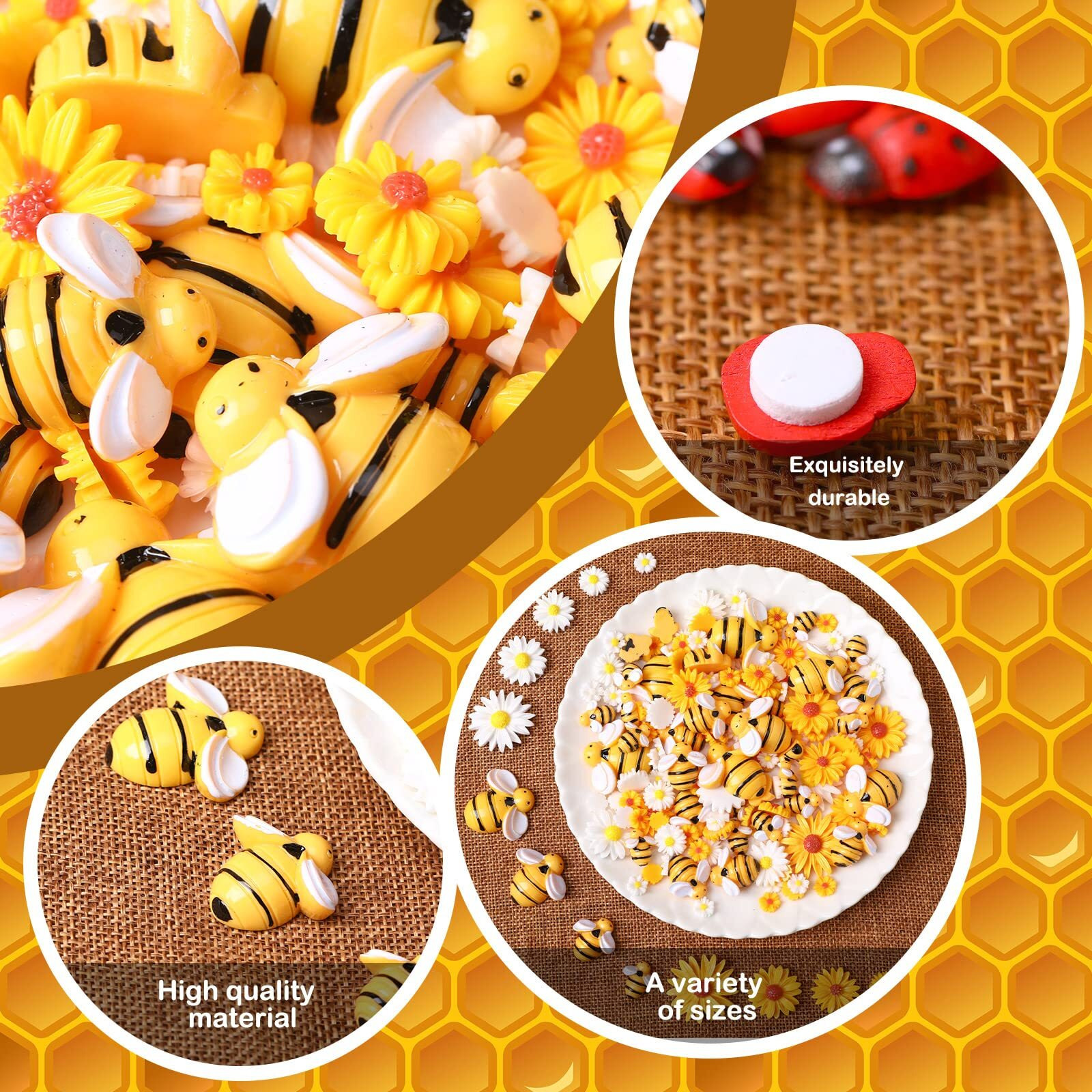 200 Pieces Mini Resin Sunflower And Bees Flatback Epoxy Beads Charms Wooden Ladybugs Embellishments Assorted Sizes Tiny Resin Daisy Flower And Resin Bees Decor For Diy Craft (Classic Color)