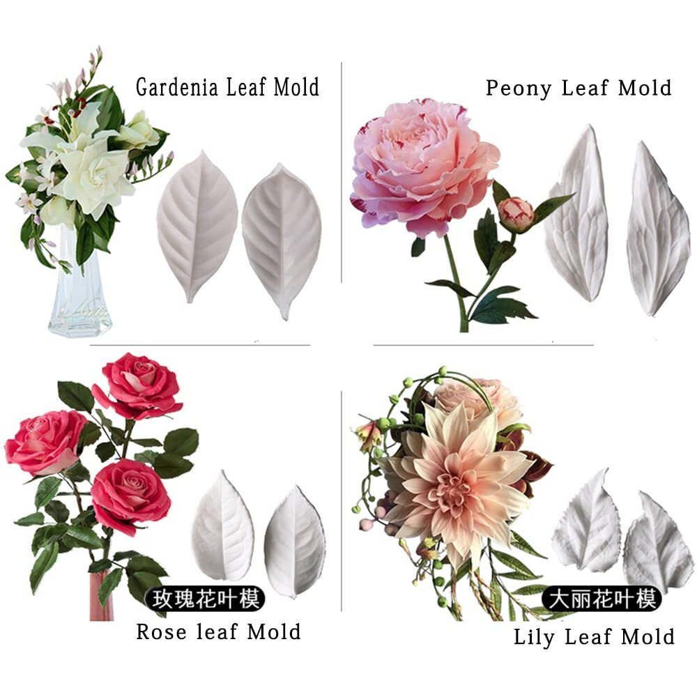 Kalaien 8Pcs Sugar Paste Leaf Veiners Fontant Mold Fondant Silicone Leaf Rose/Peony/Lily 3D Craft Tool