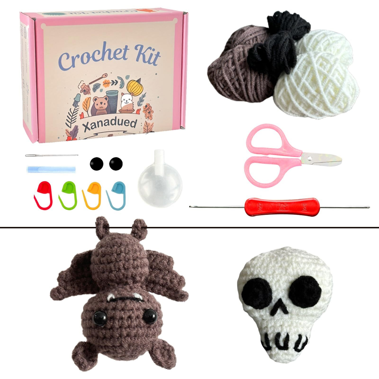 Xanadued Crochet Kit For Beginners  Crochet Halloween Bat & Skull Set  Knitting Kit For Beginners Adults  Easy Learn To Crochet Kit With Tutorial And Step-By-Step Instruction Vedio