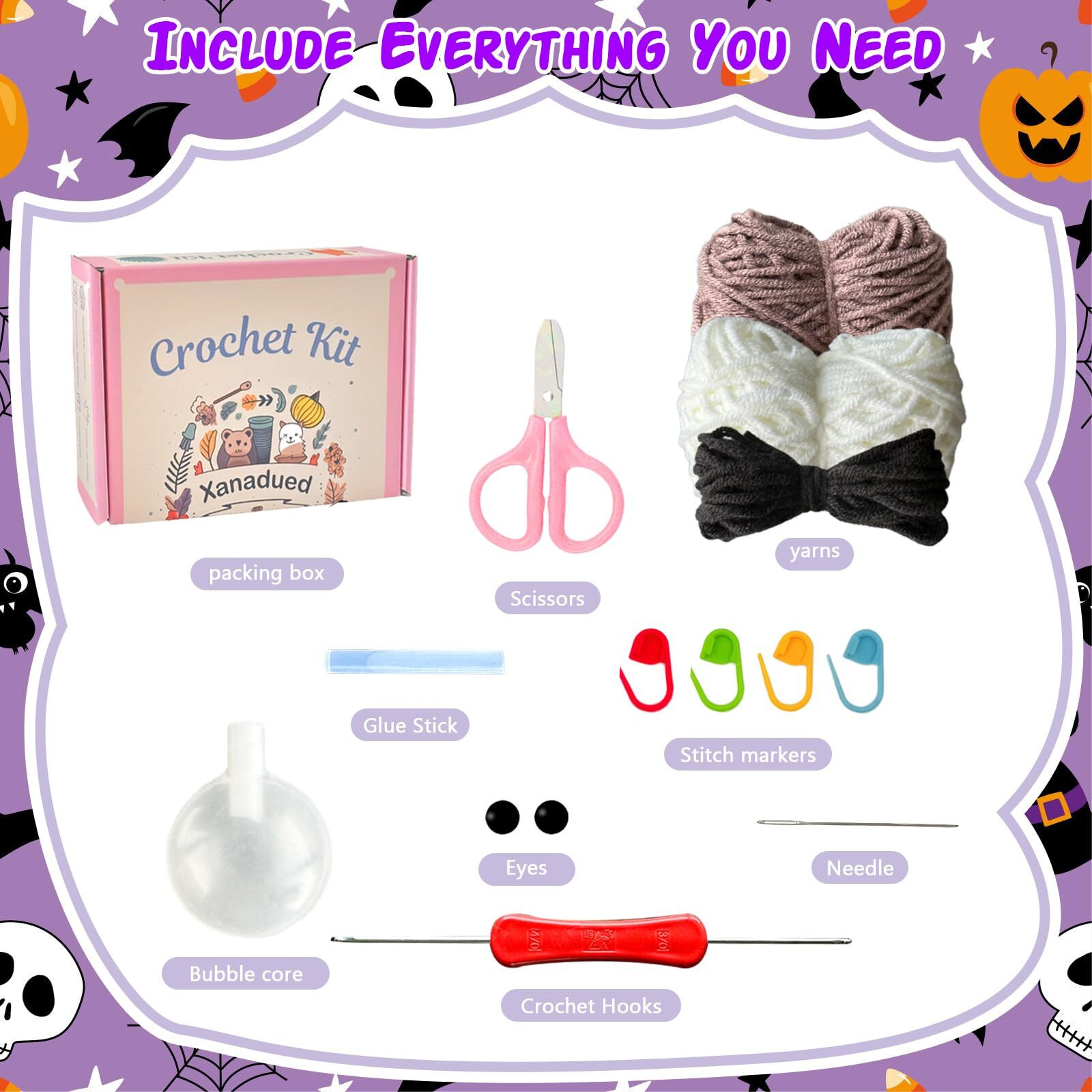 Xanadued Crochet Kit For Beginners  Crochet Halloween Bat & Skull Set  Knitting Kit For Beginners Adults  Easy Learn To Crochet Kit With Tutorial And Step-By-Step Instruction Vedio