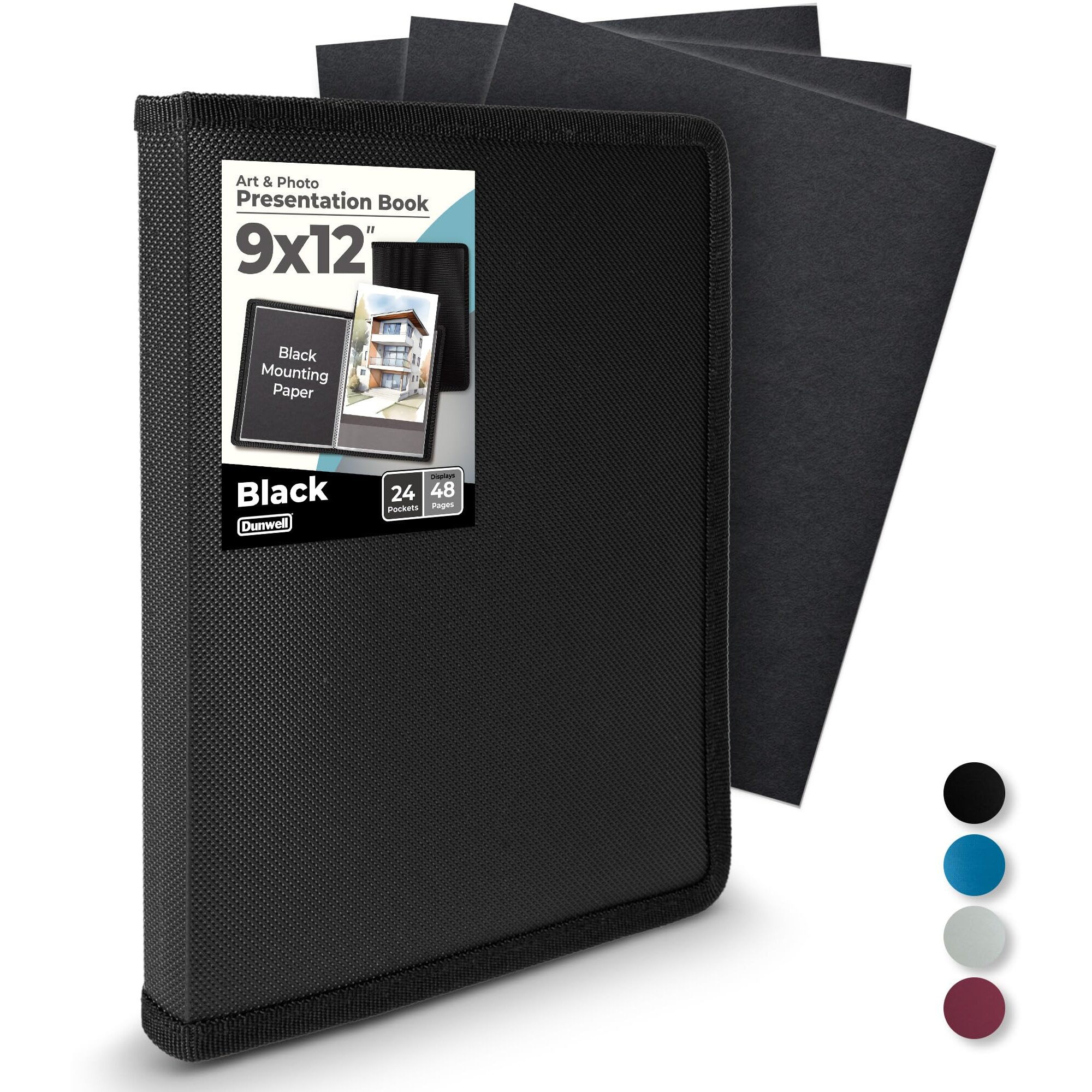 Dunwell Art Portfolio 9X12 Folder - (Black) With Black Mounting Paper  Portfolio Folder For Artwork  9 X 12 Art Folder  24 Pockets Display 48 Pages