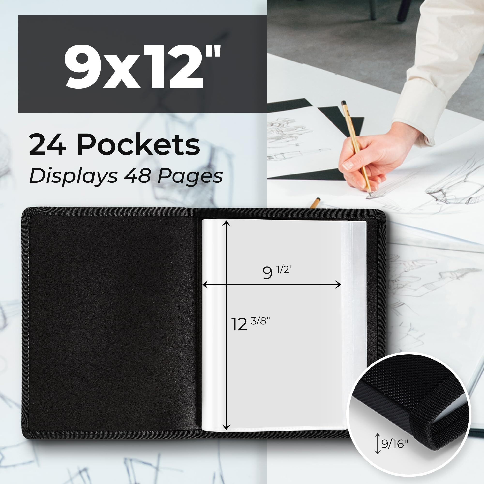 Dunwell Art Portfolio 9X12 Folder - (Black) With Black Mounting Paper  Portfolio Folder For Artwork  9 X 12 Art Folder  24 Pockets Display 48 Pages