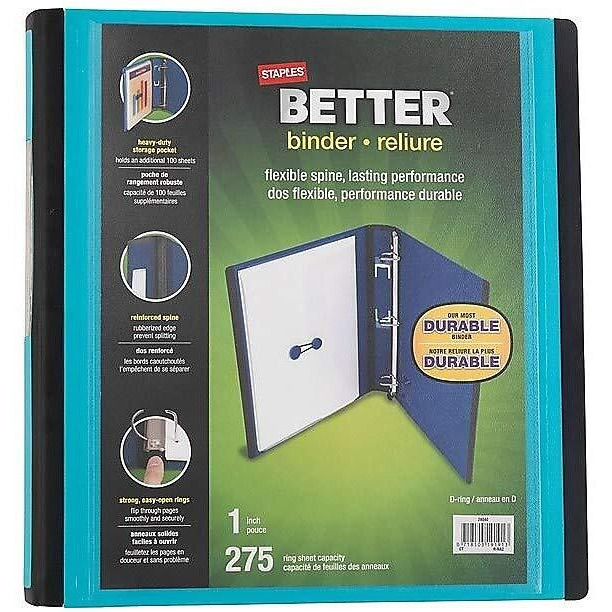 Staples Better 1-Inch D 3-Ring View Binder - Holds Up To 275 Sheets  Heavy Duty Binder With A Wide Design  1 Interior Pocket  Perfect 3-Ring Binder For Reports  Projects & More