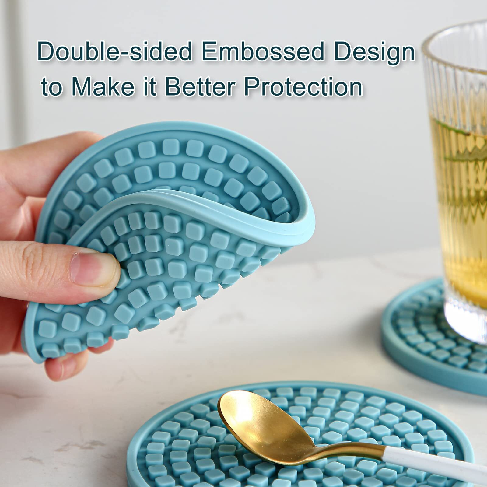Colinda Silicone Drink Coasters With Holder  Set Of 6  For Tabletop Protection And Office Desk  Cup Mat Set For Home Decor  Non-Slip And Non-Stick Round 4 Inch Teal