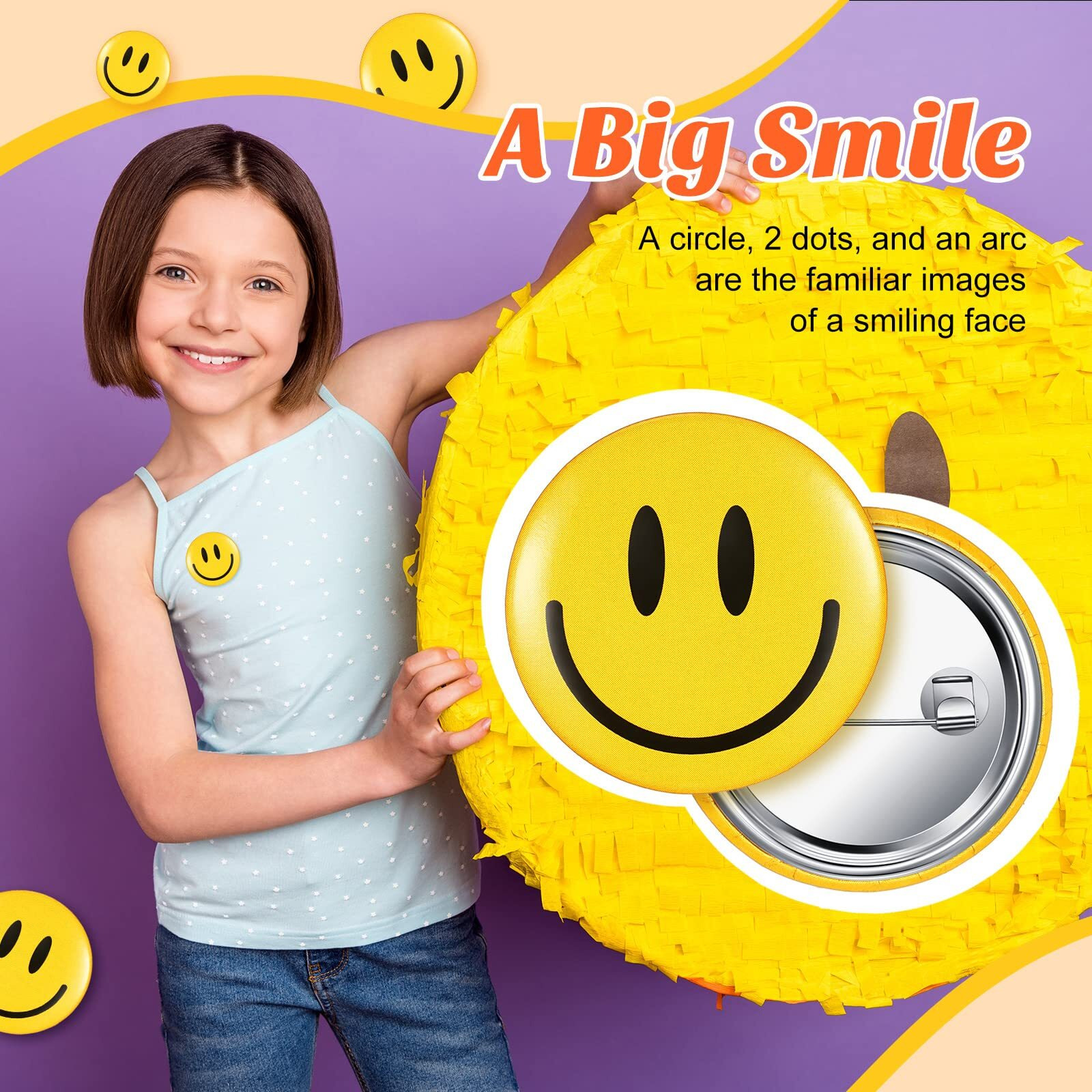 200 Pcs Happy Smile Face Button Pin Retro Pinback Buttons Badge Classic Smile Face Pin For Backpacks Accessory Women's Novelty Buttons And Pins  1.25 Inch Diameter (Yellow)