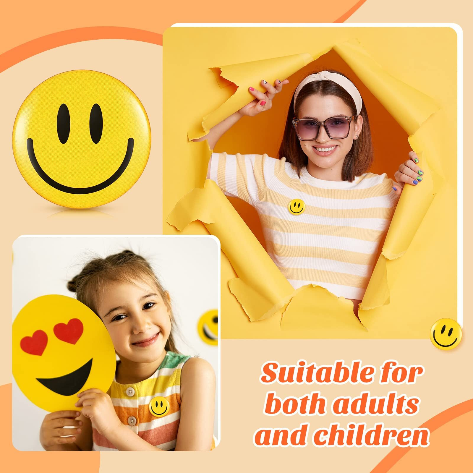 200 Pcs Happy Smile Face Button Pin Retro Pinback Buttons Badge Classic Smile Face Pin For Backpacks Accessory Women's Novelty Buttons And Pins  1.25 Inch Diameter (Yellow)