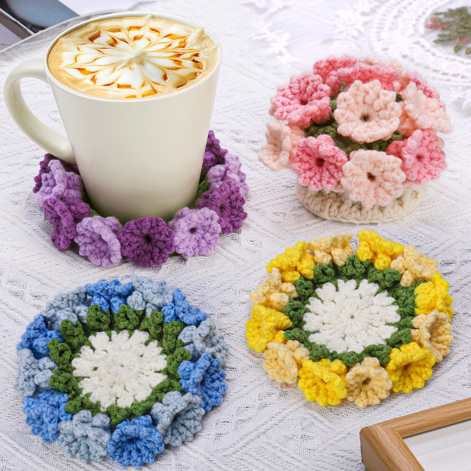Crochet Kit For Beginners-4Pcs Coaster Flower Pot Crochet Kits Coaster Crochet Starter Kit With Crochet Yarns Hooks  Easy Videos Tutorials To Crochet For Office  Coffee Table  Home Decor