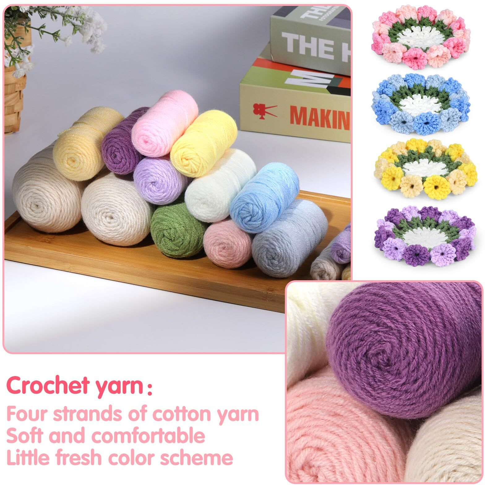 Crochet Kit For Beginners-4Pcs Coaster Flower Pot Crochet Kits Coaster Crochet Starter Kit With Crochet Yarns Hooks  Easy Videos Tutorials To Crochet For Office  Coffee Table  Home Decor