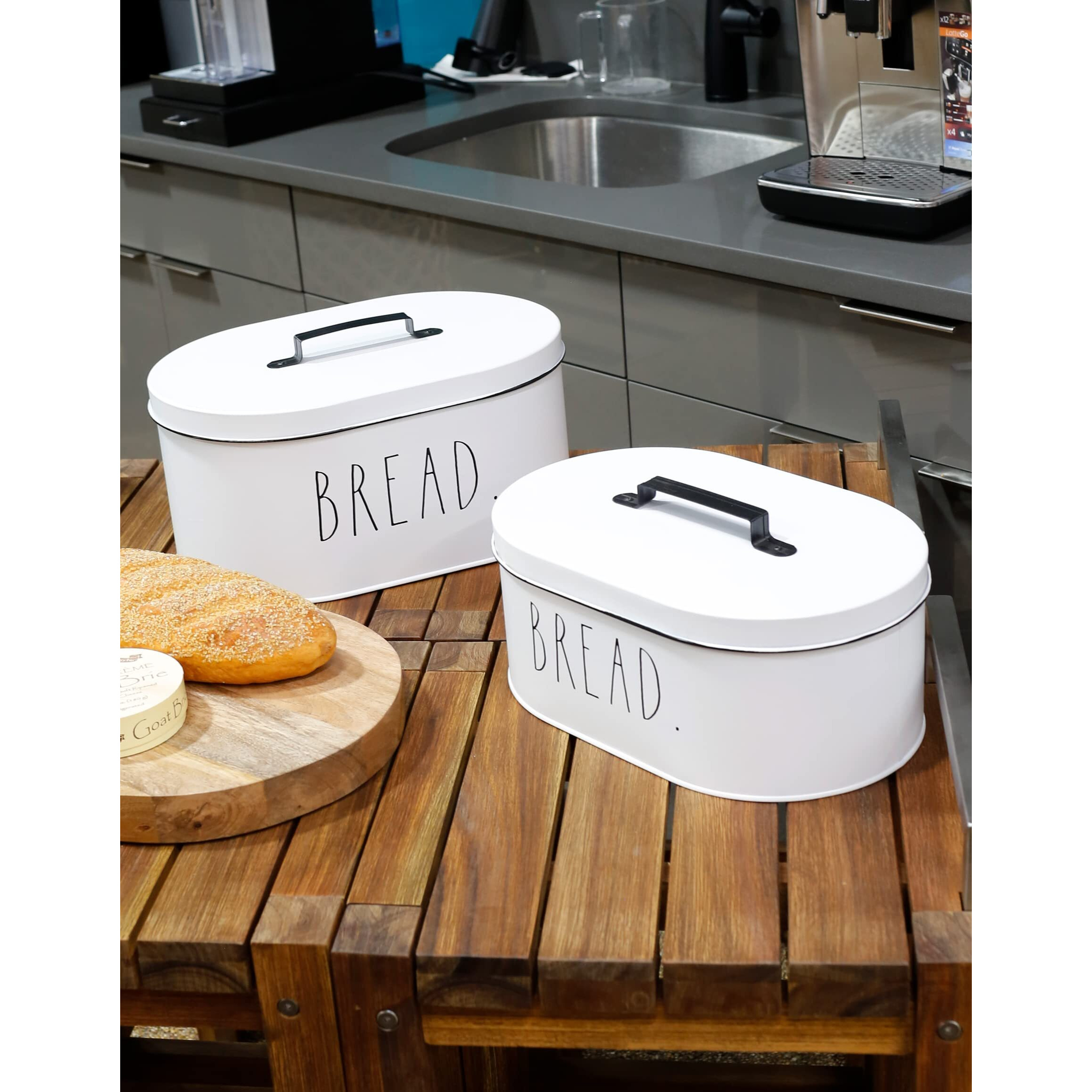 Rae Dunn Bread Box - Bread Box For Kitchen Countertop - 15"" X 8"" X 10"" - 13.5"" X 5.5"" X 8.5"" - Rustic White Metal Vintage Farmhouse Breadbox - Counter Storage Container