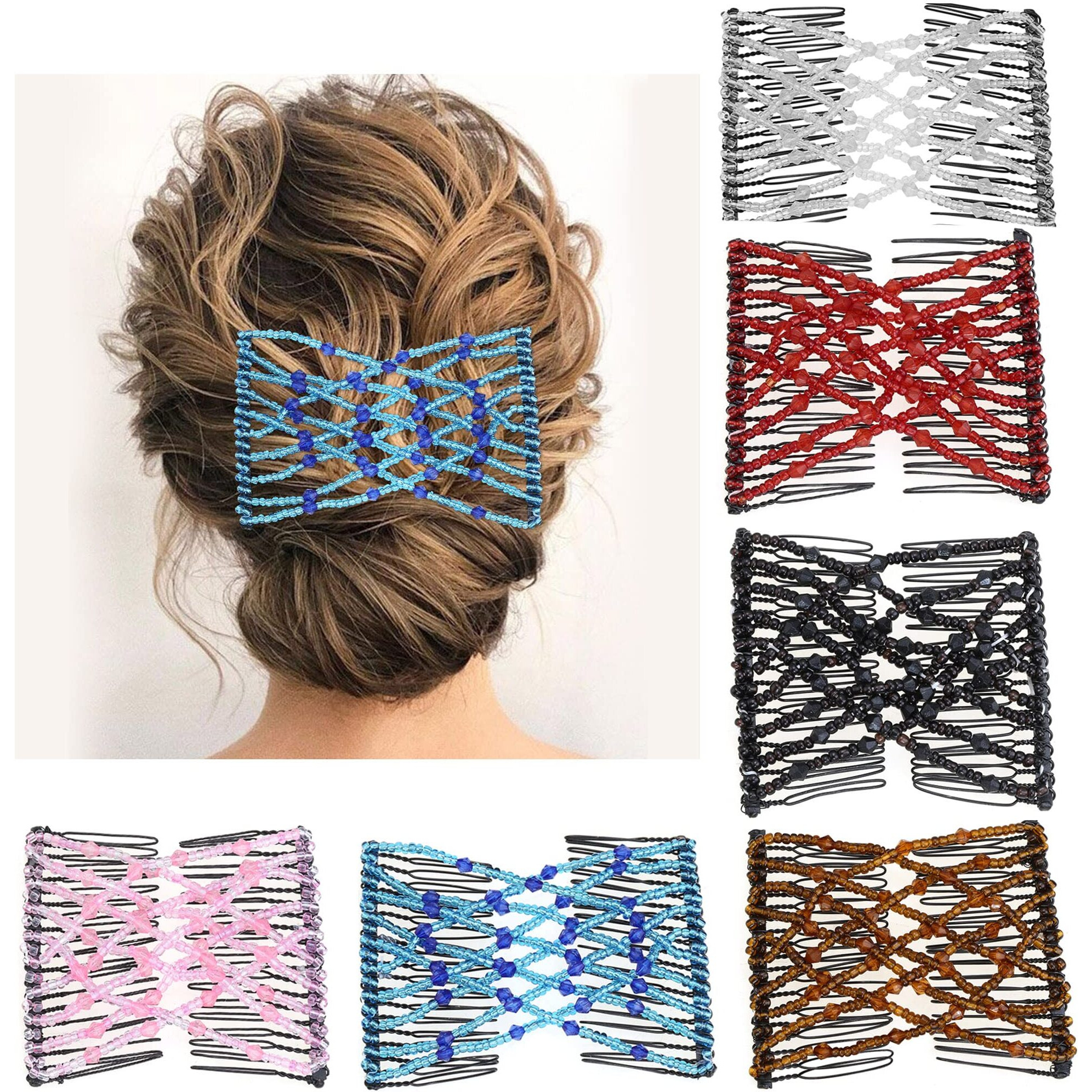 Aethland 6 Pieces Magic Hair Comb Elastic Beaded Hair Clips Women Stretchy Bride Double Slides Hairpins Combs For Women Ladies Girls Diy Hair Styling Accessories