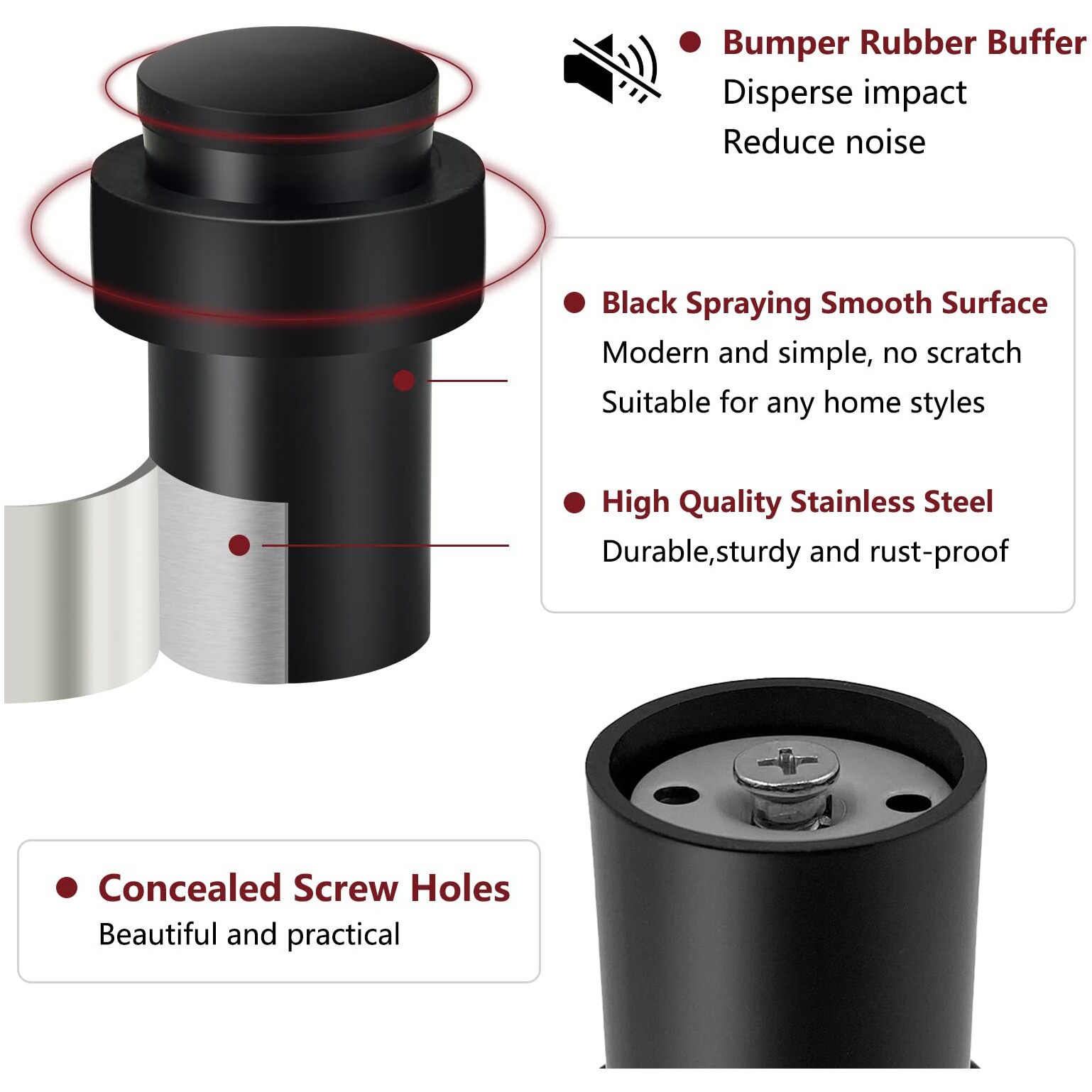 Kolako Door Stoppers  Cylindrical Floor Mount Door Stop Black Heavy Duty Door Stops Stainless Steel Safety Floor Doorstops For Wall 6 Pack