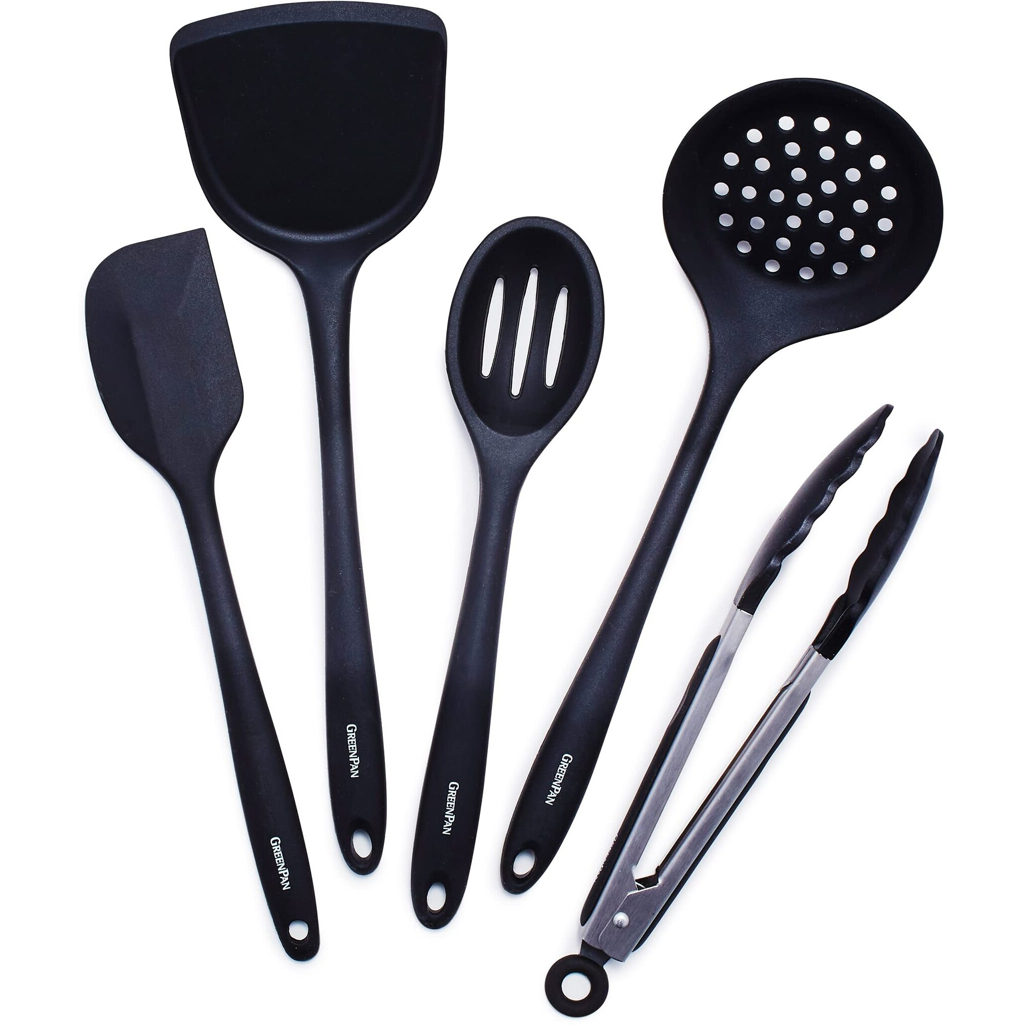 Greenpan 5 Piece Cooking Utensil Set  Flexible Nonstick Silicone  Stain-Free  Tongs  Turner  Spatula  Skimmer  And Slotted Spoon  Black