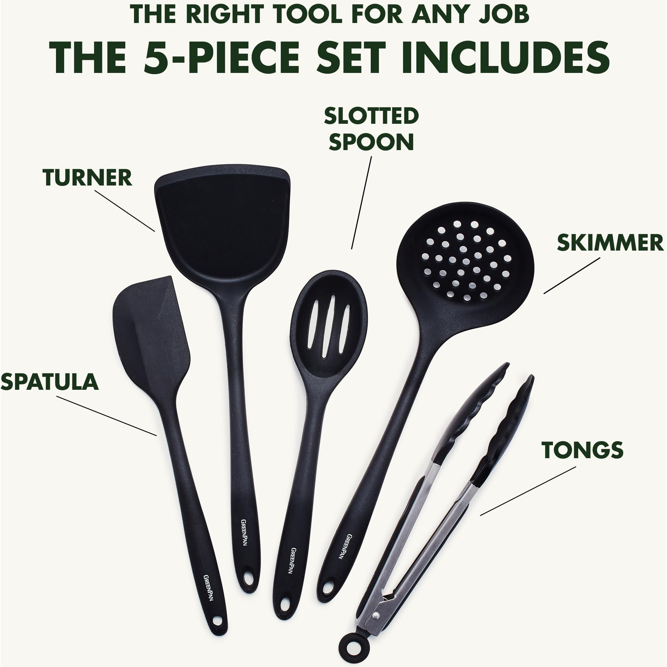 Greenpan 5 Piece Cooking Utensil Set  Flexible Nonstick Silicone  Stain-Free  Tongs  Turner  Spatula  Skimmer  And Slotted Spoon  Black