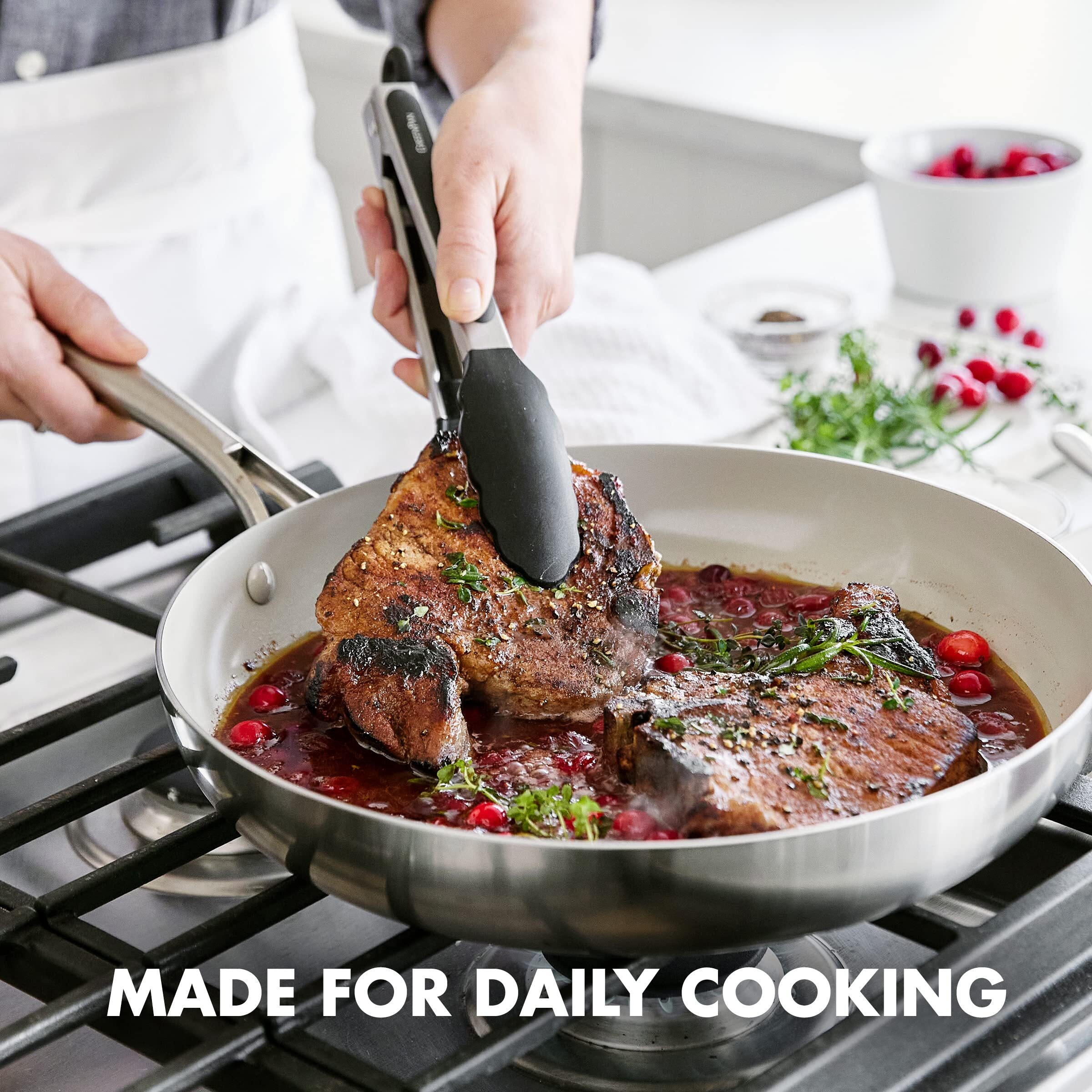 Greenpan 5 Piece Cooking Utensil Set  Flexible Nonstick Silicone  Stain-Free  Tongs  Turner  Spatula  Skimmer  And Slotted Spoon  Black