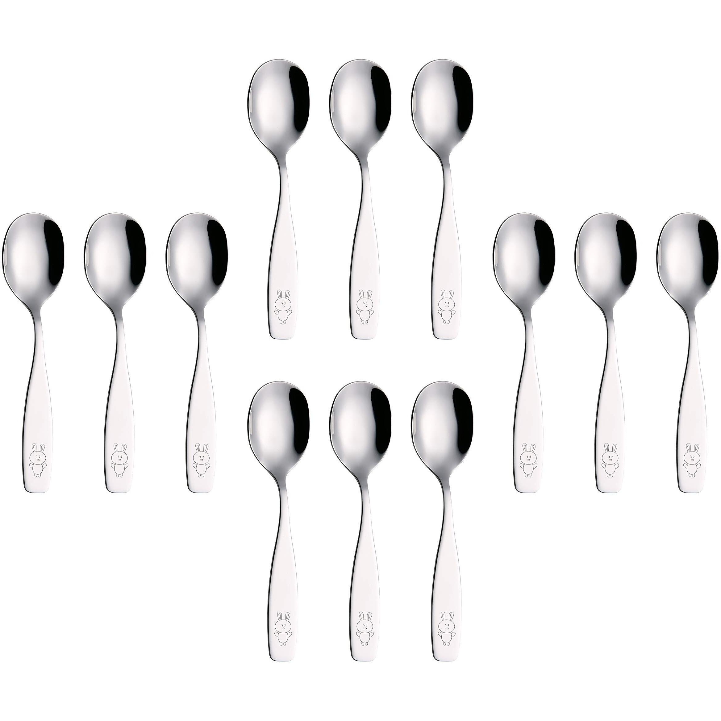 Annova Kids Silverware Children's Safe Flatware Set Stainless Steel - 12 X Children Dinner Spoons  Toddler Utensils  Metal Cutlery Set For Lunchbox (Engraved Dog Bunny) (Stainless Steel  12 Spoons)