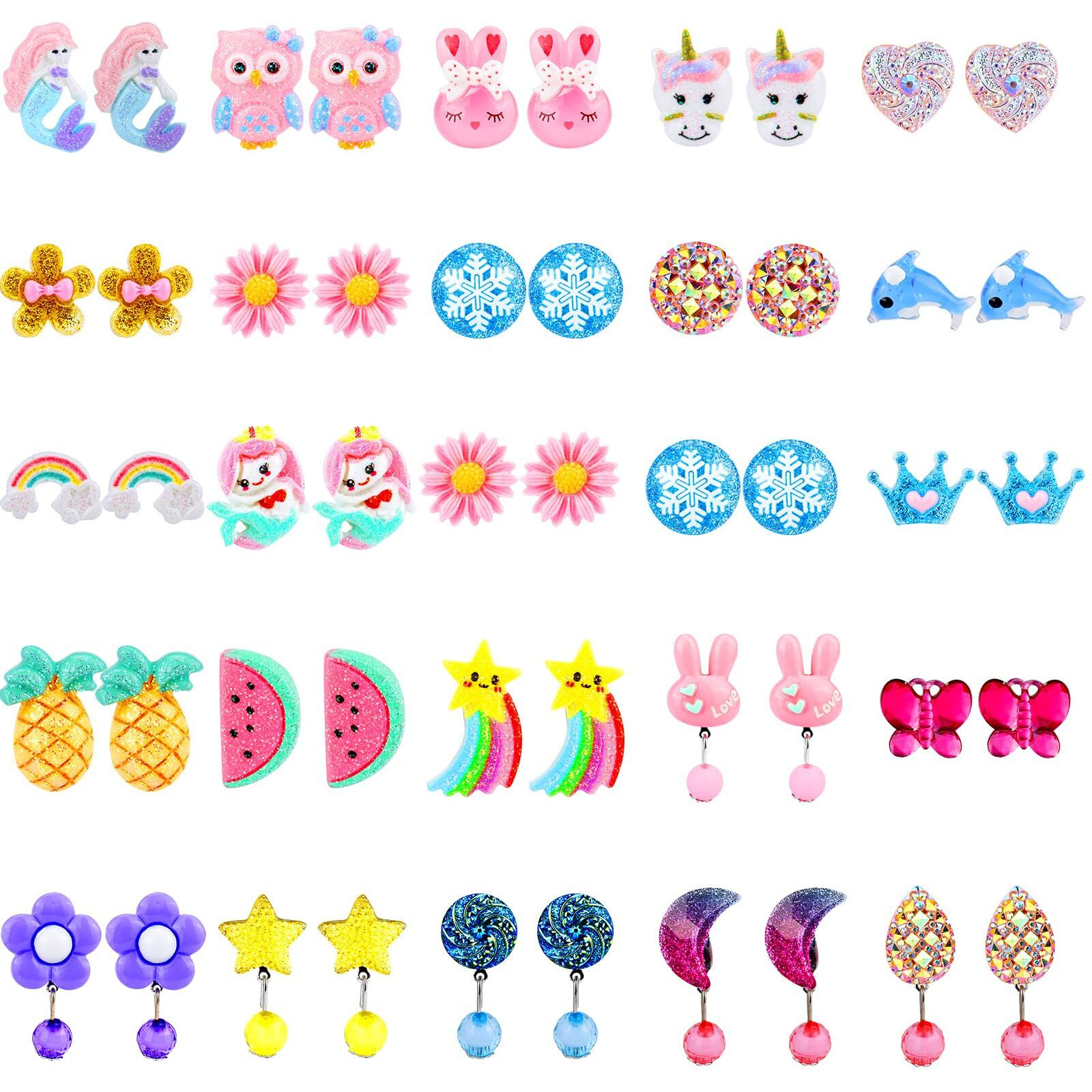 Hicdaw 25Pairs Kids Clip On Earrings Clip On Earrings For Girls Play Earrings For Party Favor Kids Princess Play Jewelry