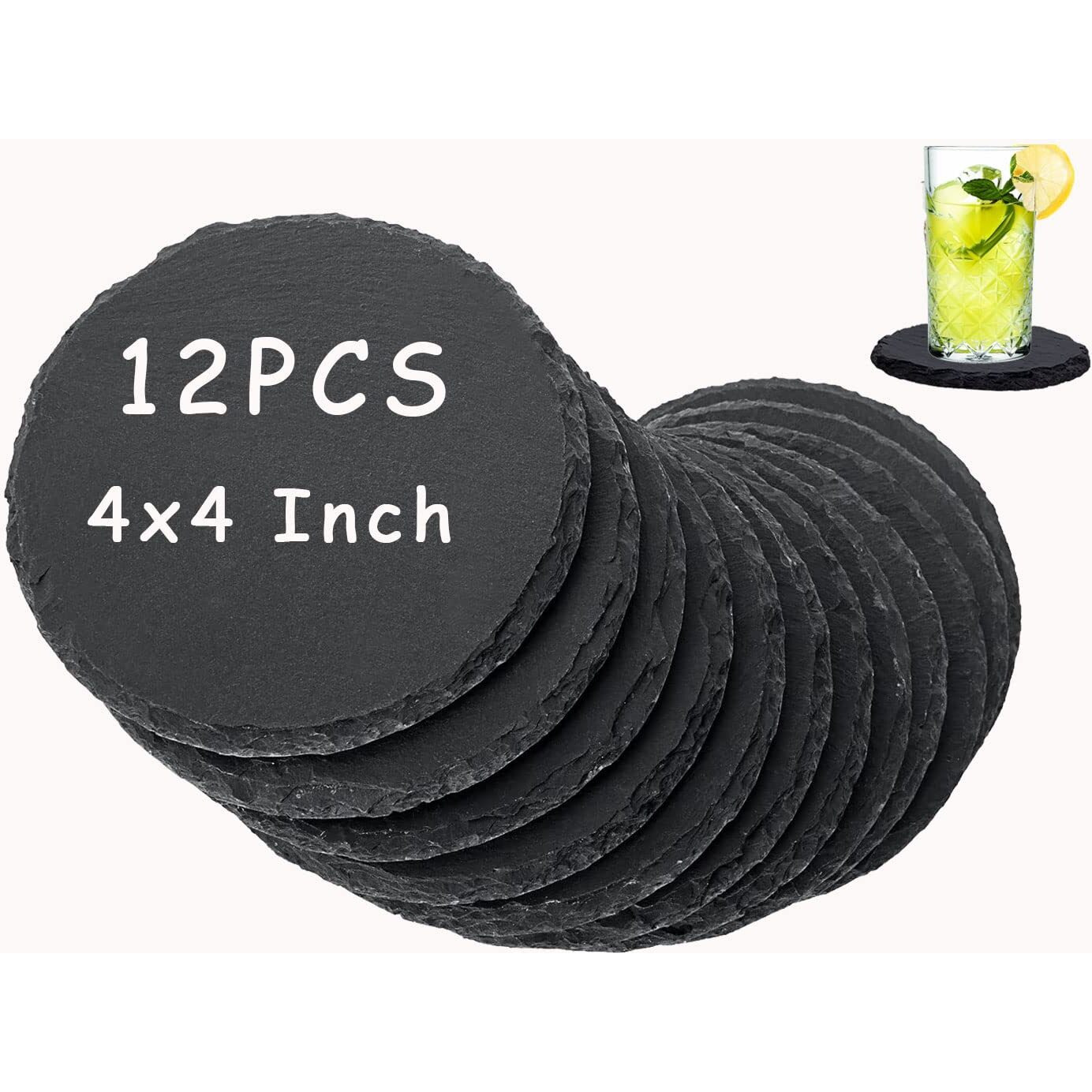 12 Pcs 4 X 4 Inch Round Slate Drink Coasters Bulk  Black Rustic Stone Rock Coasters With Anti-Scratch Bottom For Cups Mugs Bar Kitchen Home Decor Diy Project  Natural Edge