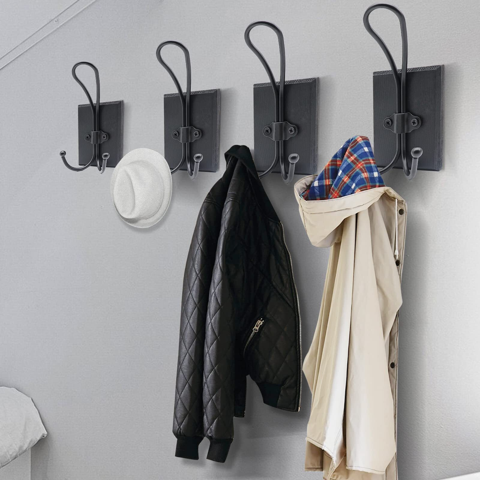 Tegueps Coat Hooks Wall Mounted  2 Pack Wood Wall Hooks For Hanging  Wooden Farmhouse Rustic Coat Towel Racks For Bathroom  Bedroom  Entryway  Kitchen (Weathered White)