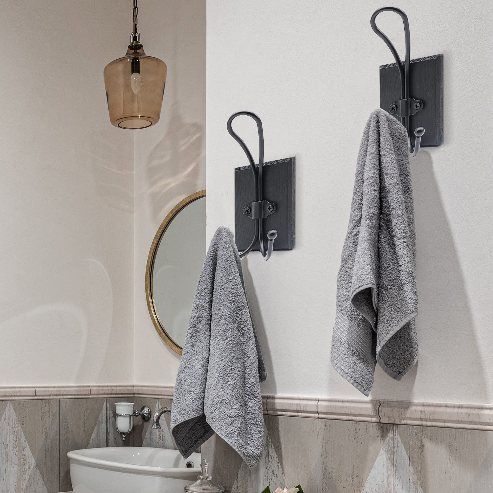 Tegueps Coat Hooks Wall Mounted  2 Pack Wood Wall Hooks For Hanging  Wooden Farmhouse Rustic Coat Towel Racks For Bathroom  Bedroom  Entryway  Kitchen (Weathered White)