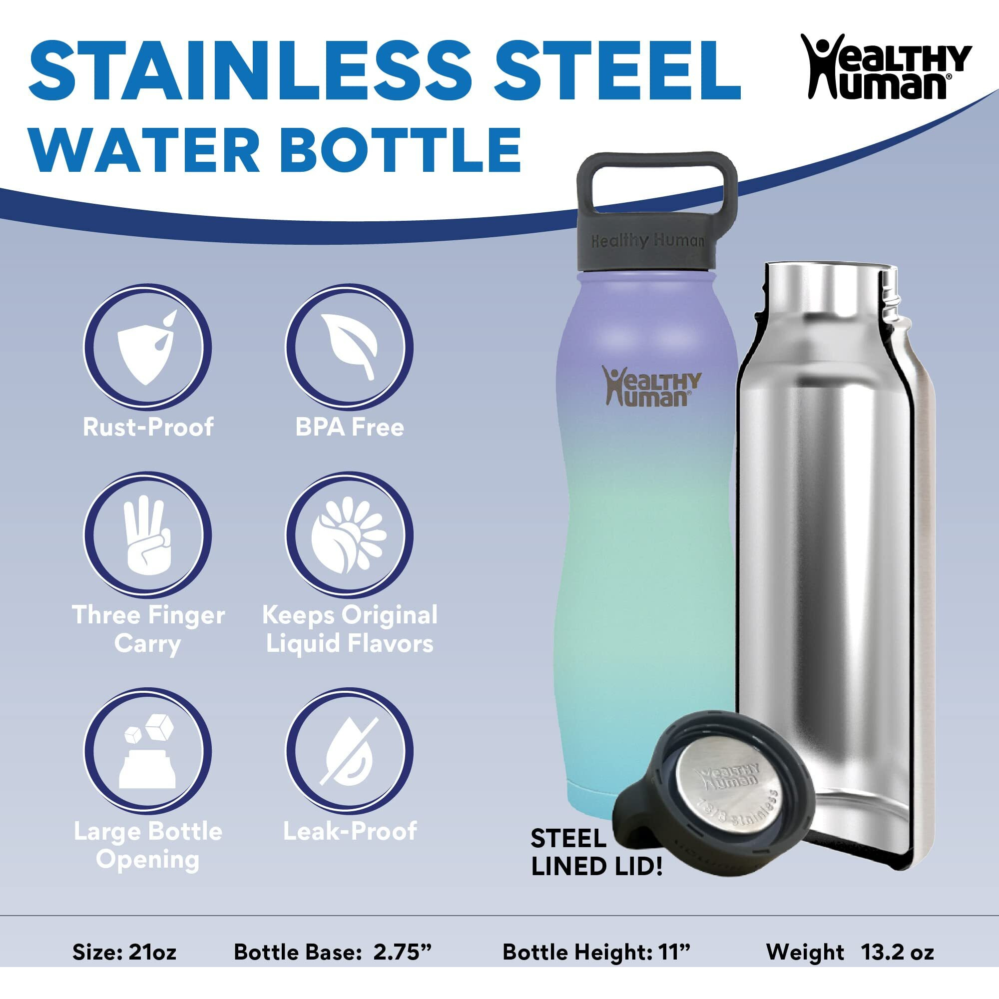 Healthy Human Stainless Steel Curve Water Bottle | 100% Bpa Free Thermos For Kids & Adults | Vacuum Insulated Water Bottles | Metal Bottles With Leak Proof Lid (21 Oz/ 621 Ml  Sunset)