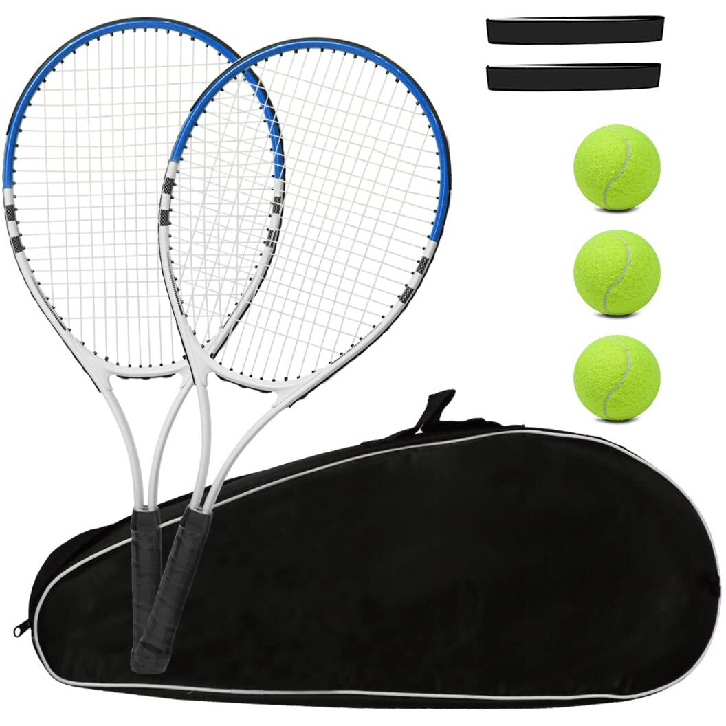 Tennis Racket Pre-Strung Lightweight 27 Inch Racquet Recreational Adult Rackets For Men Women Students Training Tennis Starter Kit With Balls Carry Bag And Overgrips (Blue/White - 2 Rackets)