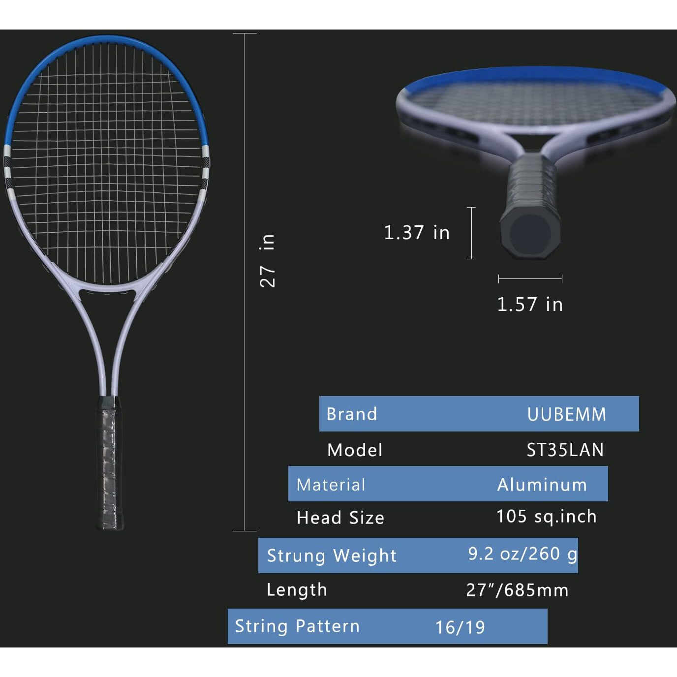 Tennis Racket Pre-Strung Lightweight 27 Inch Racquet Recreational Adult Rackets For Men Women Students Training Tennis Starter Kit With Balls Carry Bag And Overgrips (Blue/White - 2 Rackets)