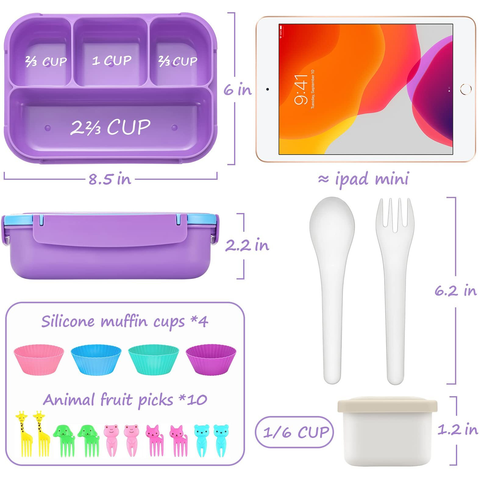 Qqko Bento Lunch Box With 4 Compartments  Sauce Container  Utensils  Food Picks And Muffin Cups For School - Purple