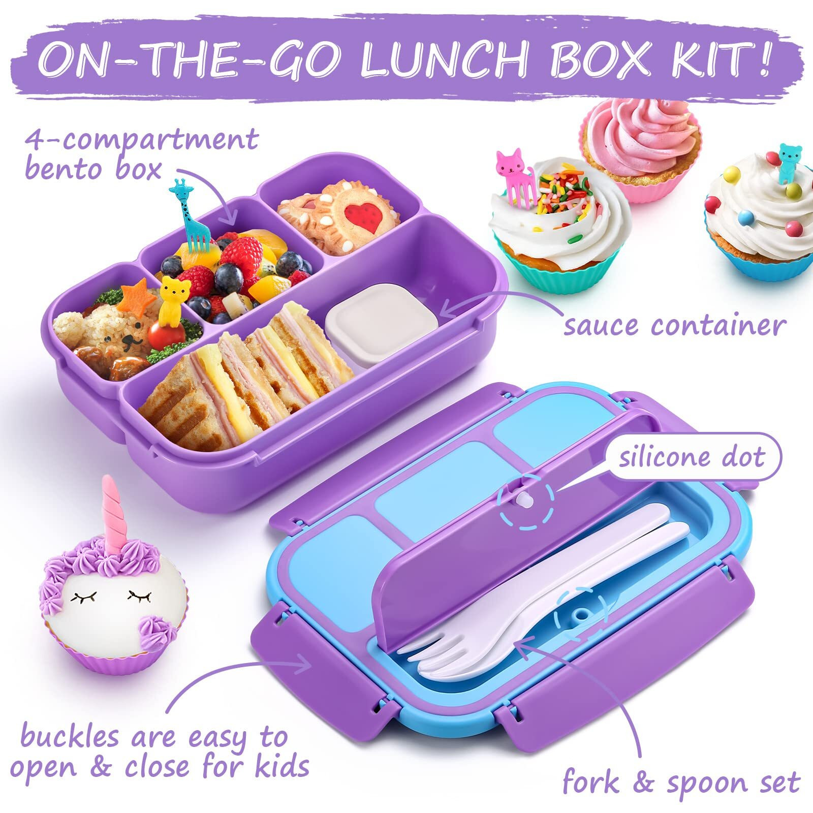 Qqko Bento Lunch Box With 4 Compartments  Sauce Container  Utensils  Food Picks And Muffin Cups For School - Purple