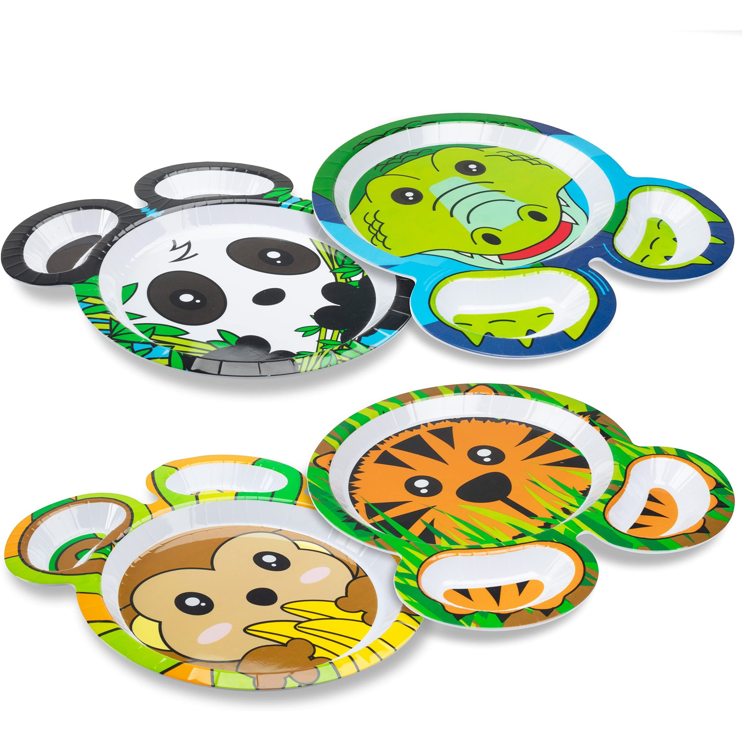 Bentology Zoo Friends Mealtime Melamine Feeding Plates - Set Of 4 Different Cute Animal Pal Dishes For Kids - Panda  Alligator  Tiger & Monkey - Divided Compartments  Bpa Free