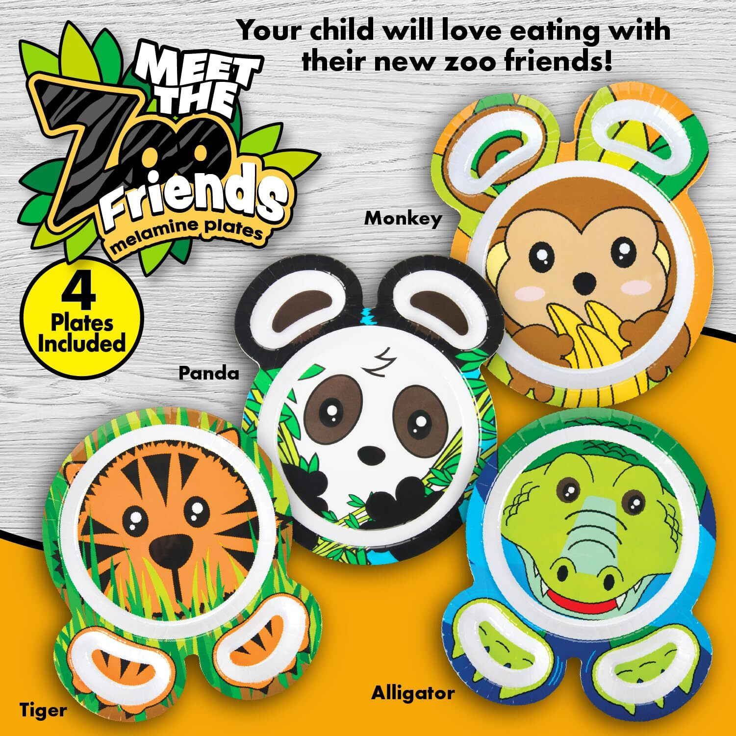 Bentology Zoo Friends Mealtime Melamine Feeding Plates - Set Of 4 Different Cute Animal Pal Dishes For Kids - Panda  Alligator  Tiger & Monkey - Divided Compartments  Bpa Free