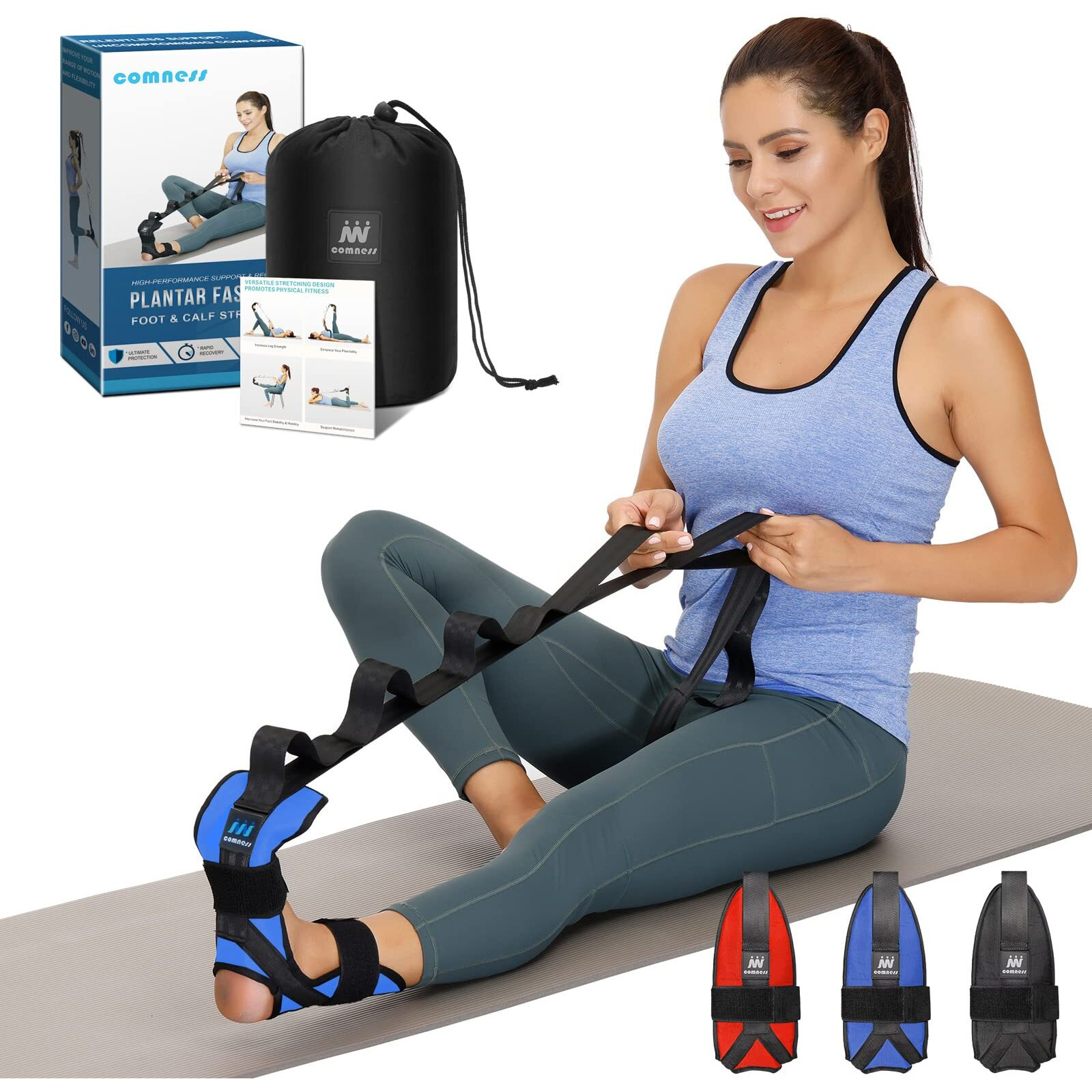 Comness Foot And Calf Stretcher Stretching Strap For Plantar Fasciitis   Heel Spurs  Foot Drop  Achilles Tendonitis & Hamstring. Yoga Foot & Leg Stretch Strap. (Blue)