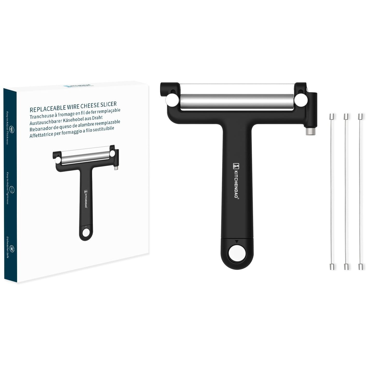 Kitchendao Adjustable Wire Cheese Slicer Cutter  50% Stronger Wires With 2Nd Gen Wire Fixing Mechanism  Adjustable Hand-Held Wire Cheese Cutter  Quick Replacement  Dishwasher Safe  With 3 Extra Wires