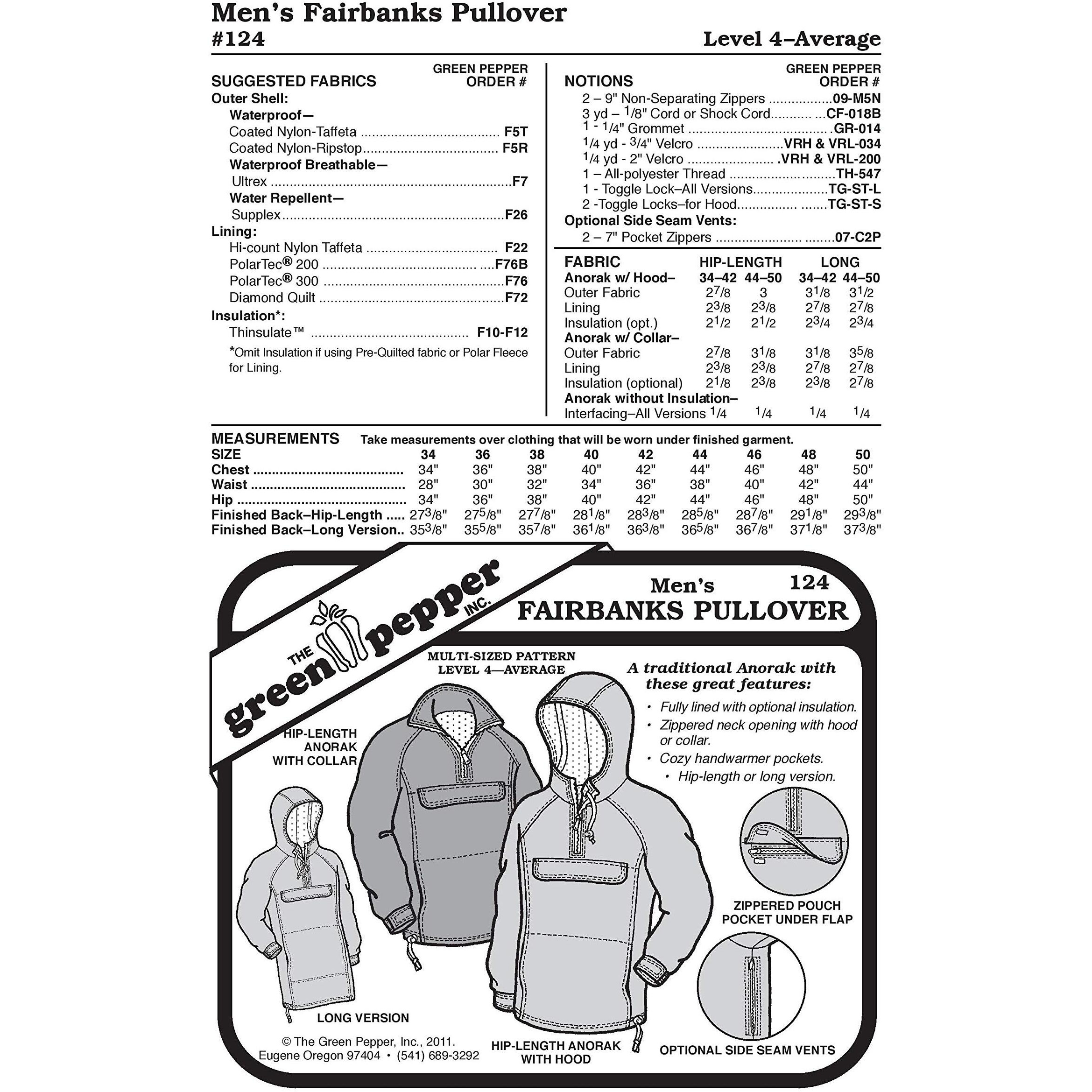 Men's Fairbanks Pullover Coat Jacket 124 Sewing Pattern (Pattern Only) Gp124